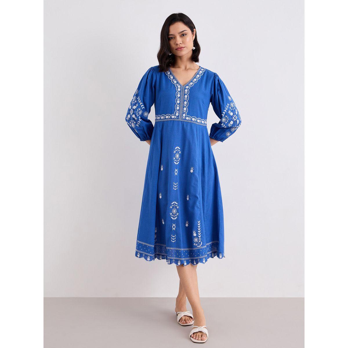 فستان ميدي بحافة واسعة وتفاصيل مُطرّزة مع أكمام بالون-women-clothing-dresses-image-2