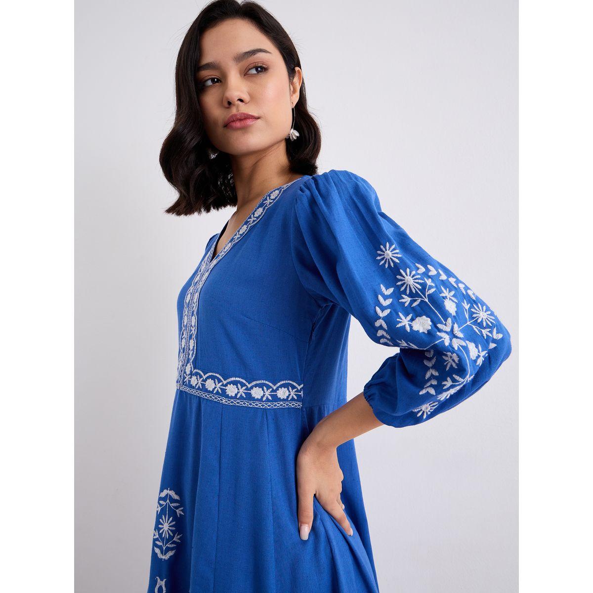 فستان ميدي بحافة واسعة وتفاصيل مُطرّزة مع أكمام بالون-women-clothing-dresses-image-3