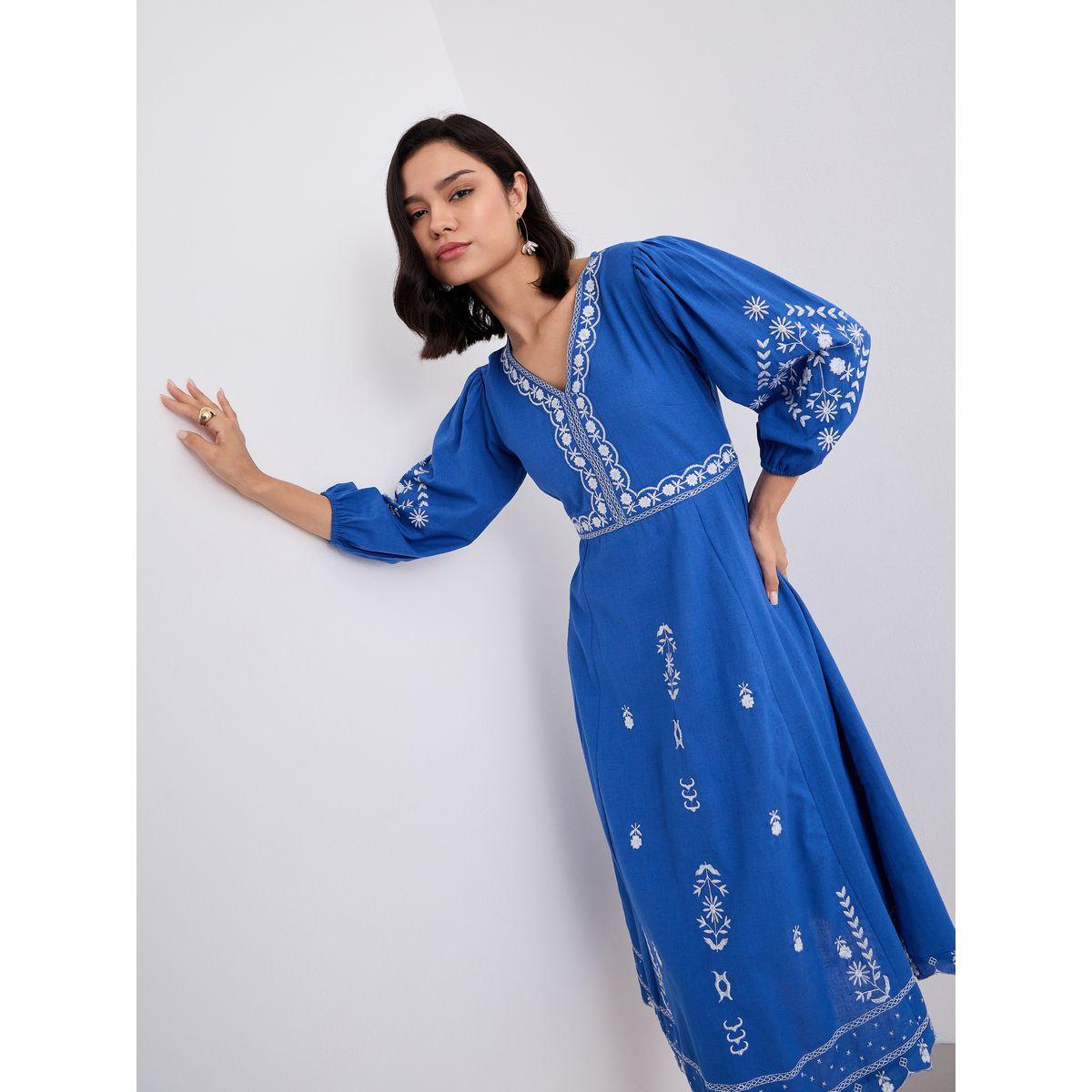 فستان ميدي بحافة واسعة وتفاصيل مُطرّزة مع أكمام بالون-women-clothing-dresses-image-5