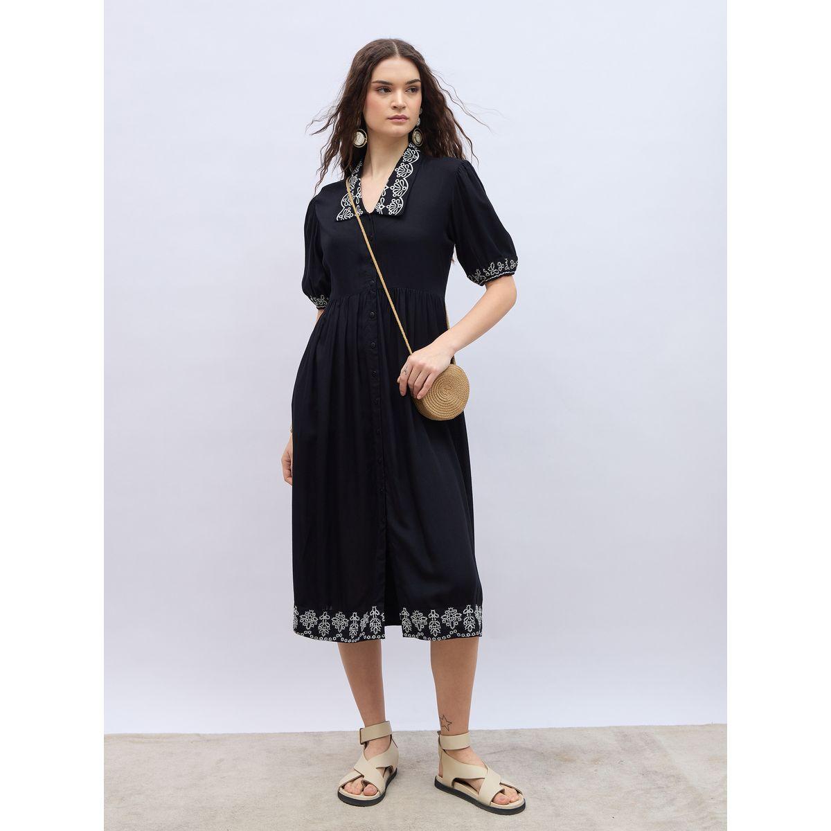 Styli Embroidered V Neck Puff Sleeves A-Line Midi Dress-women-clothing-dresses-image-1