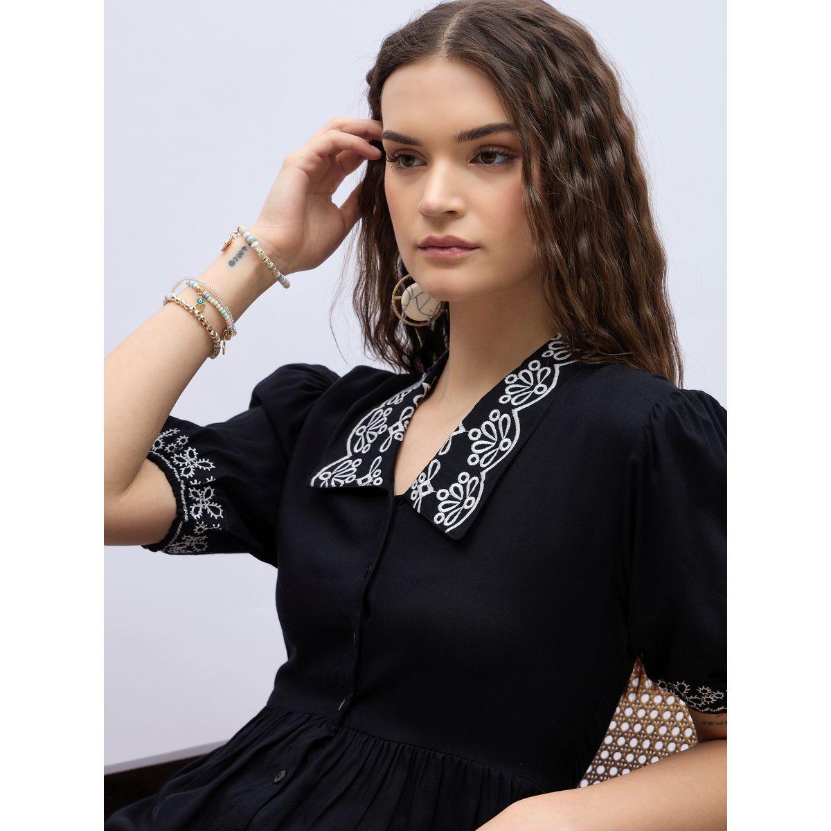 Styli Embroidered V Neck Puff Sleeves A-Line Midi Dress-women-clothing-dresses-image-4