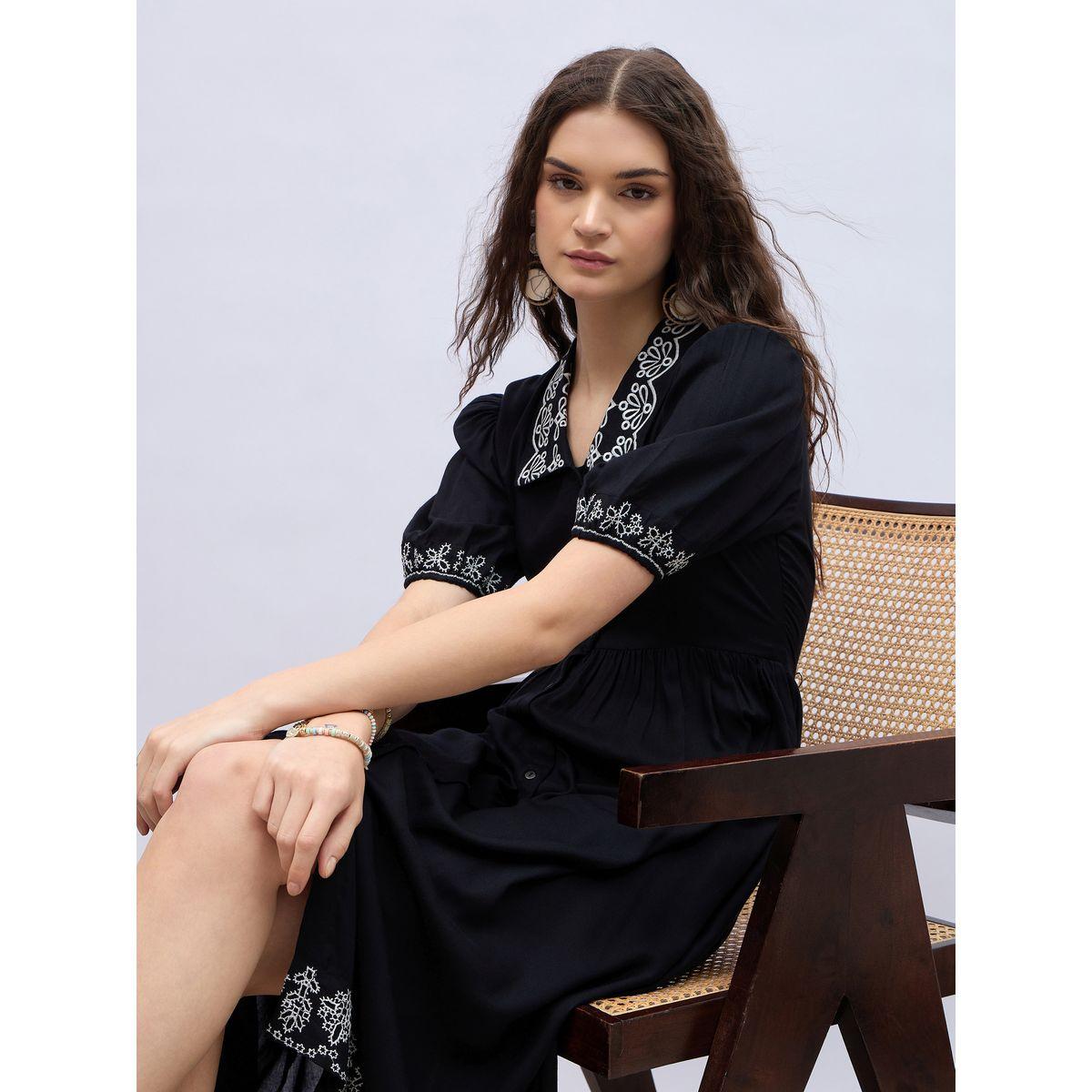 Styli Embroidered V Neck Puff Sleeves A-Line Midi Dress-women-clothing-dresses-image-6