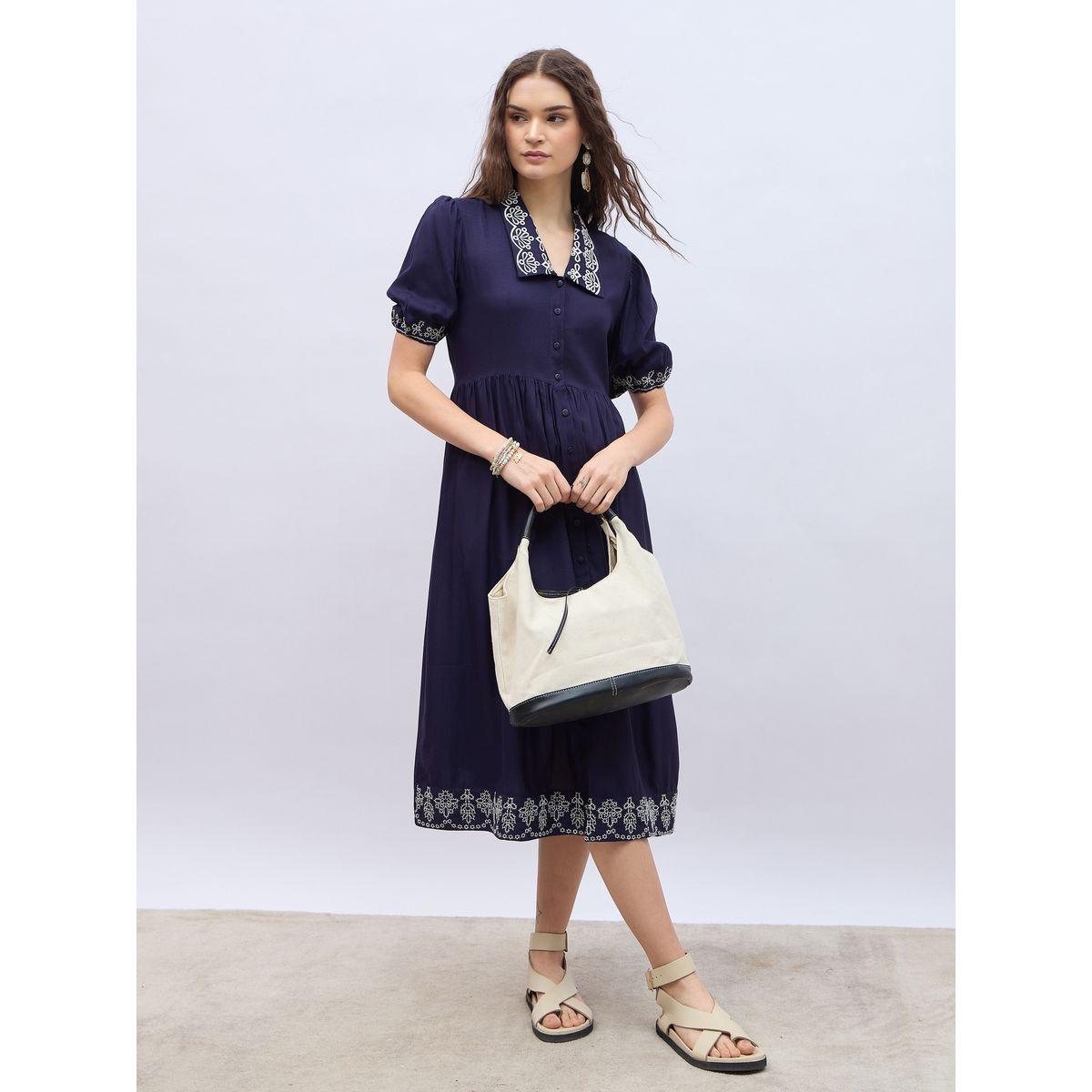 Styli Embroidered V Neck Puff Sleeves A-Line Midi Dress-women-clothing-dresses-image-1