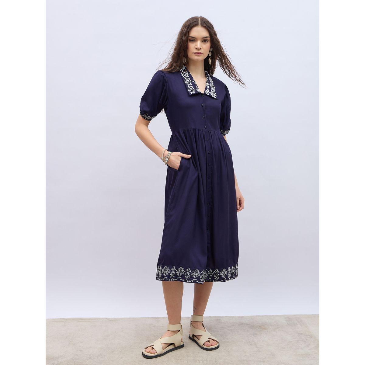 Styli Embroidered V Neck Puff Sleeves A-Line Midi Dress-women-clothing-dresses-image-2