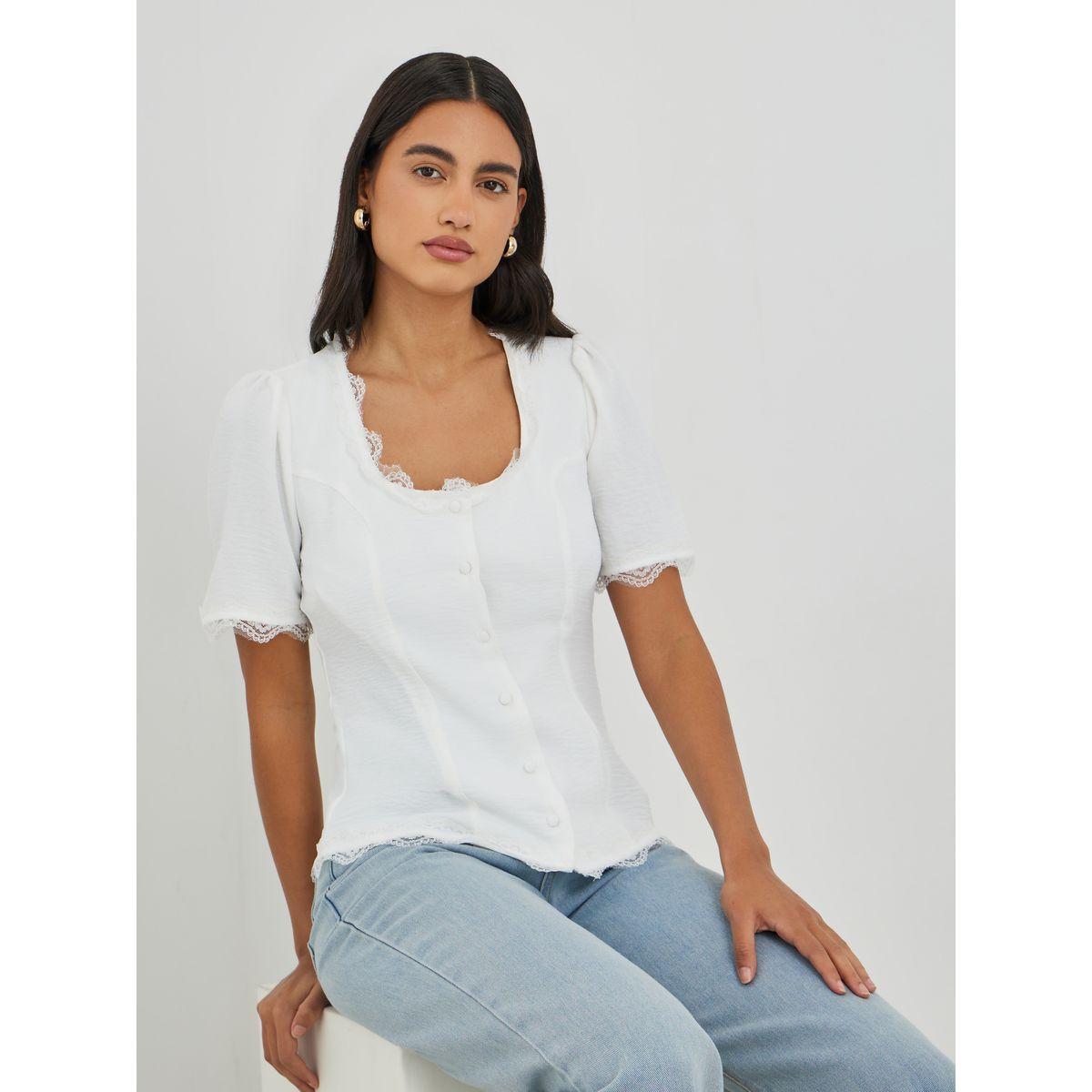 Styli Cotton Lace Trim Square Neck Buttoned Blouse-women-clothing-shirtsandblouses-blouses-image-1