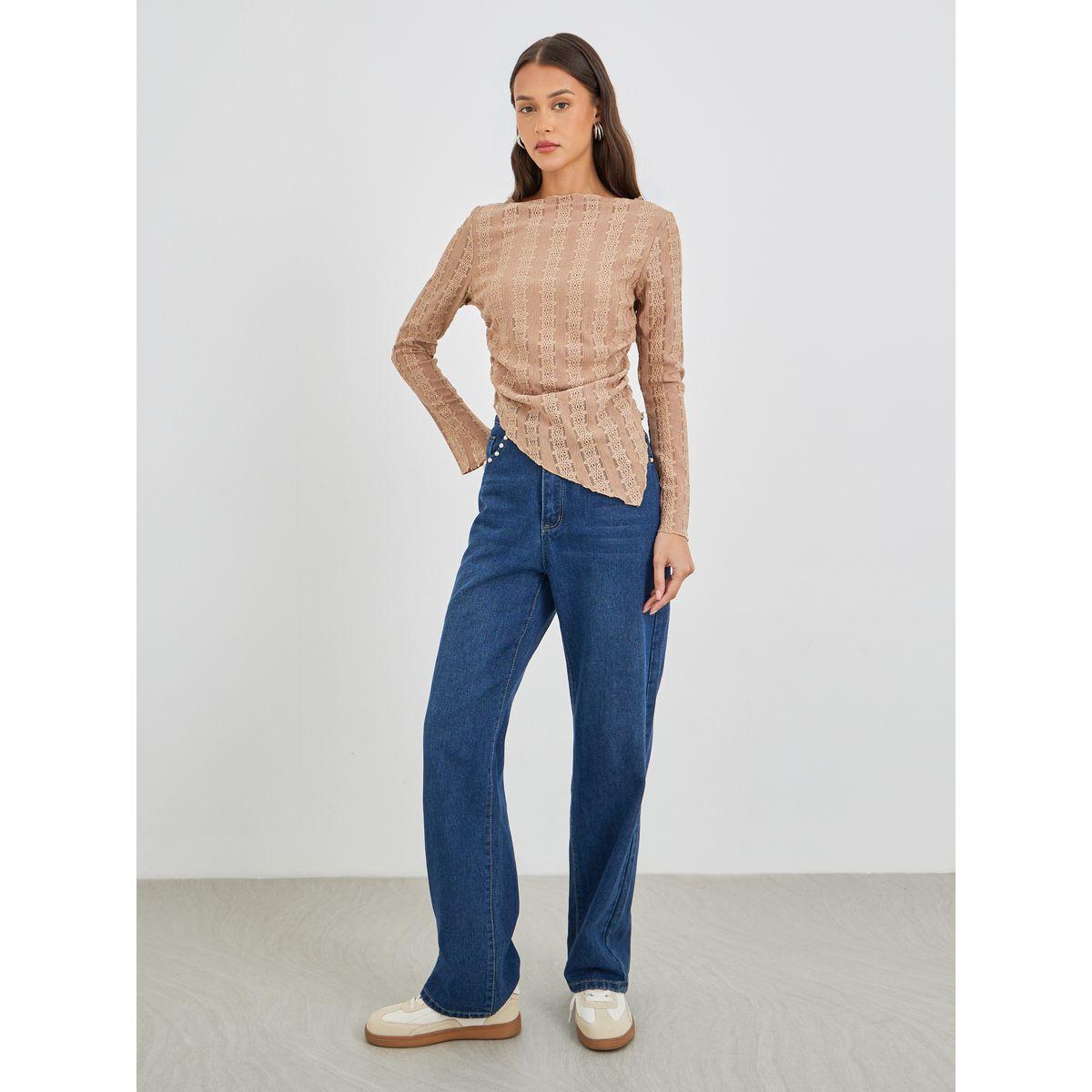 Styli Long Sleeve Asymmetrical Hem Knit Top-women-clothing-tshirts-image-2