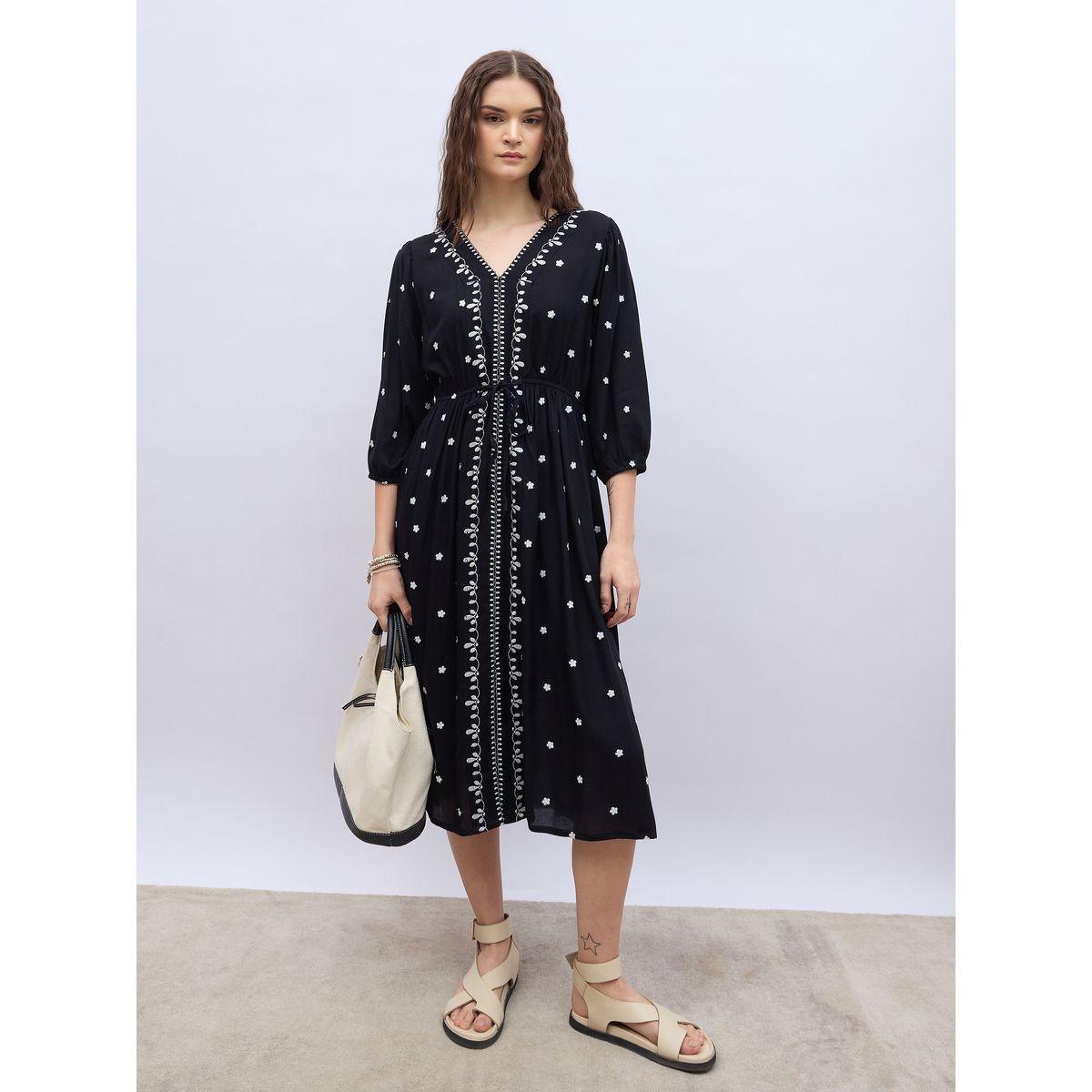 فستان ميدي بحافة واسعة وأكمام بالون-women-clothing-dresses-image-1