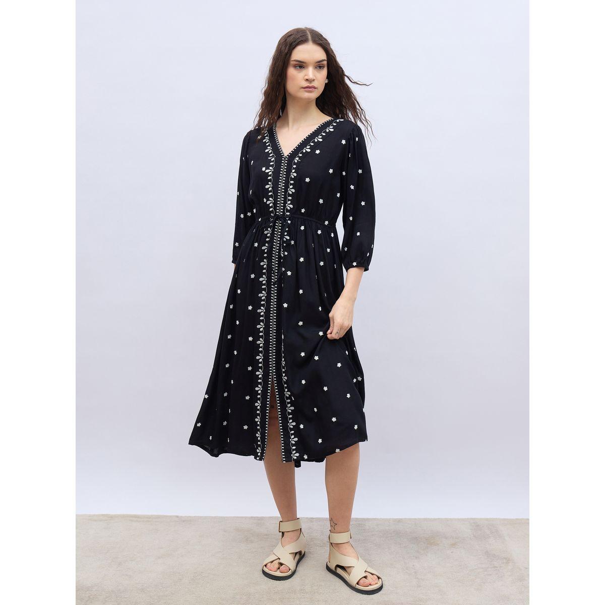 فستان ميدي بحافة واسعة وأكمام بالون-women-clothing-dresses-image-2