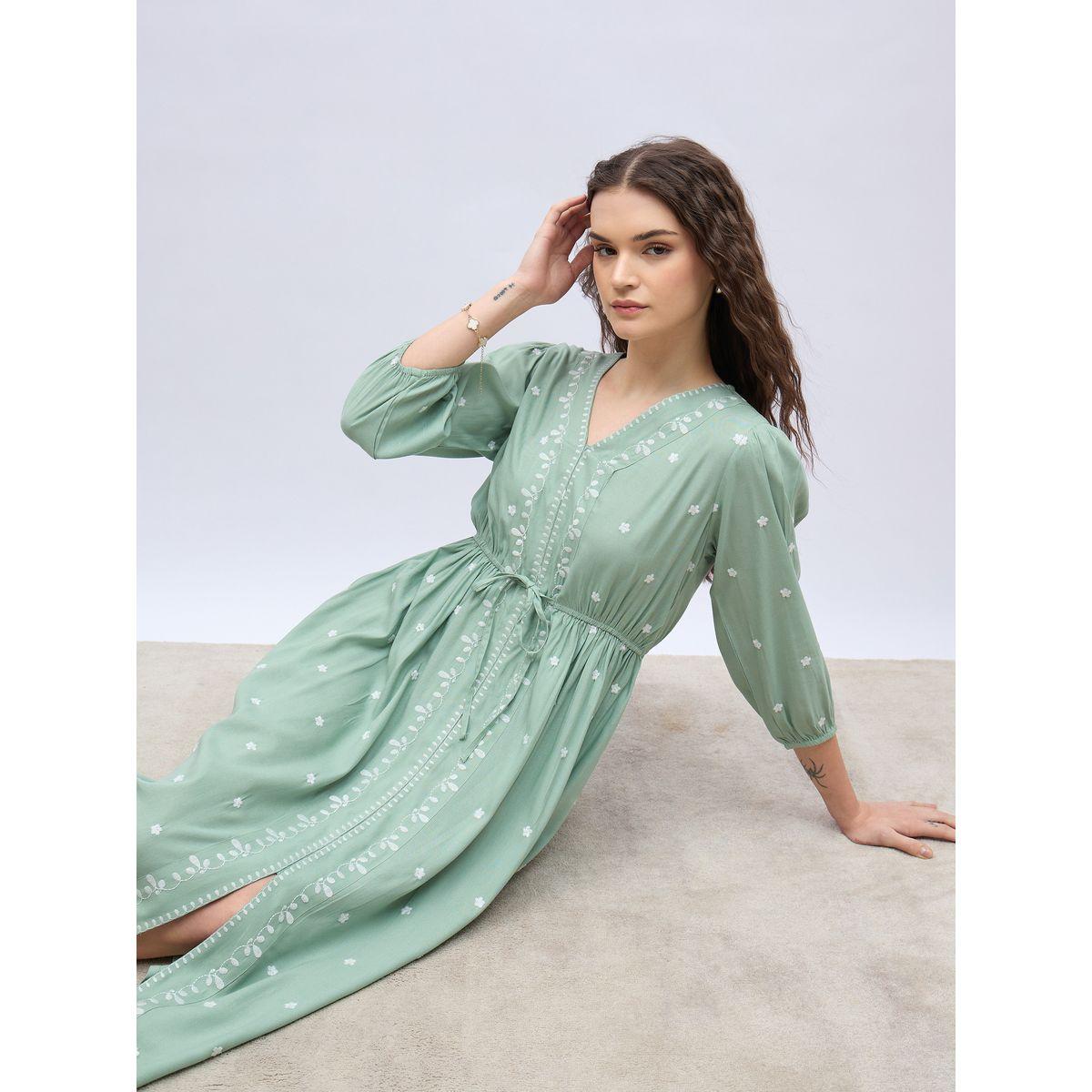فستان ميدي بحافة واسعة وأكمام بالون-women-clothing-dresses-image-6