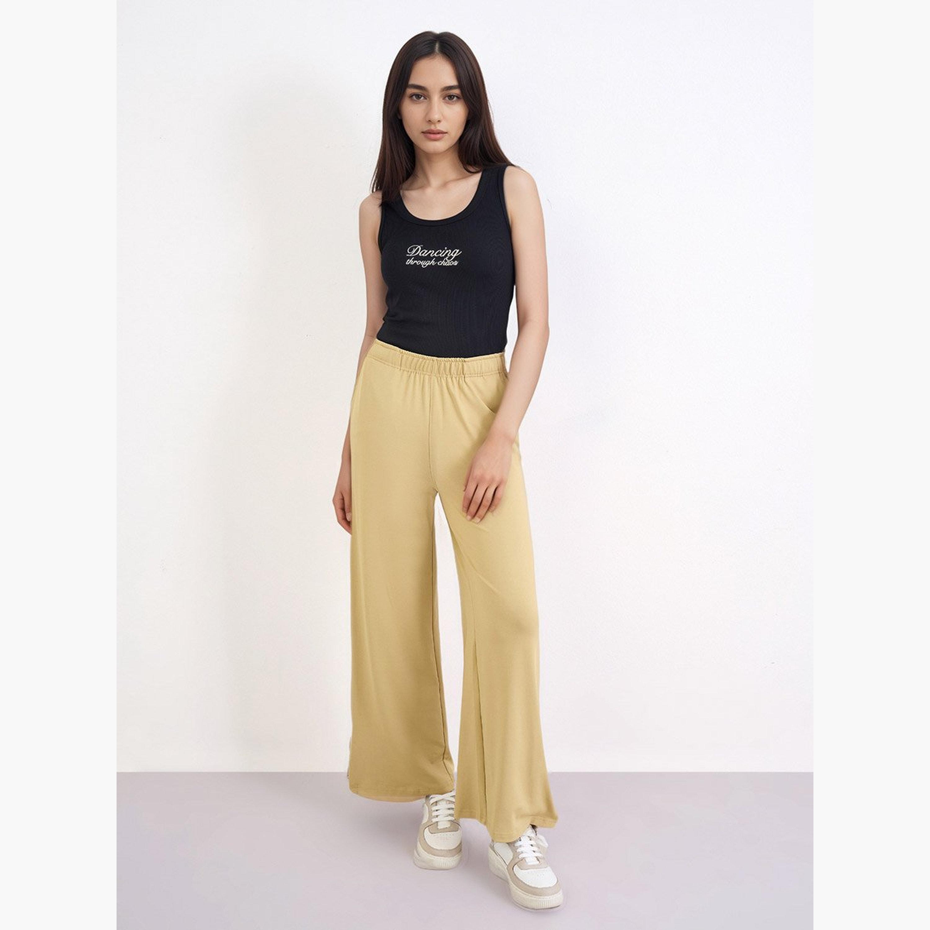 ستايلي - بنطال رياضي واسع الساق لون بيج مع تفاصيل شريط جانبي-women-clothing-bottoms-joggers-image-1