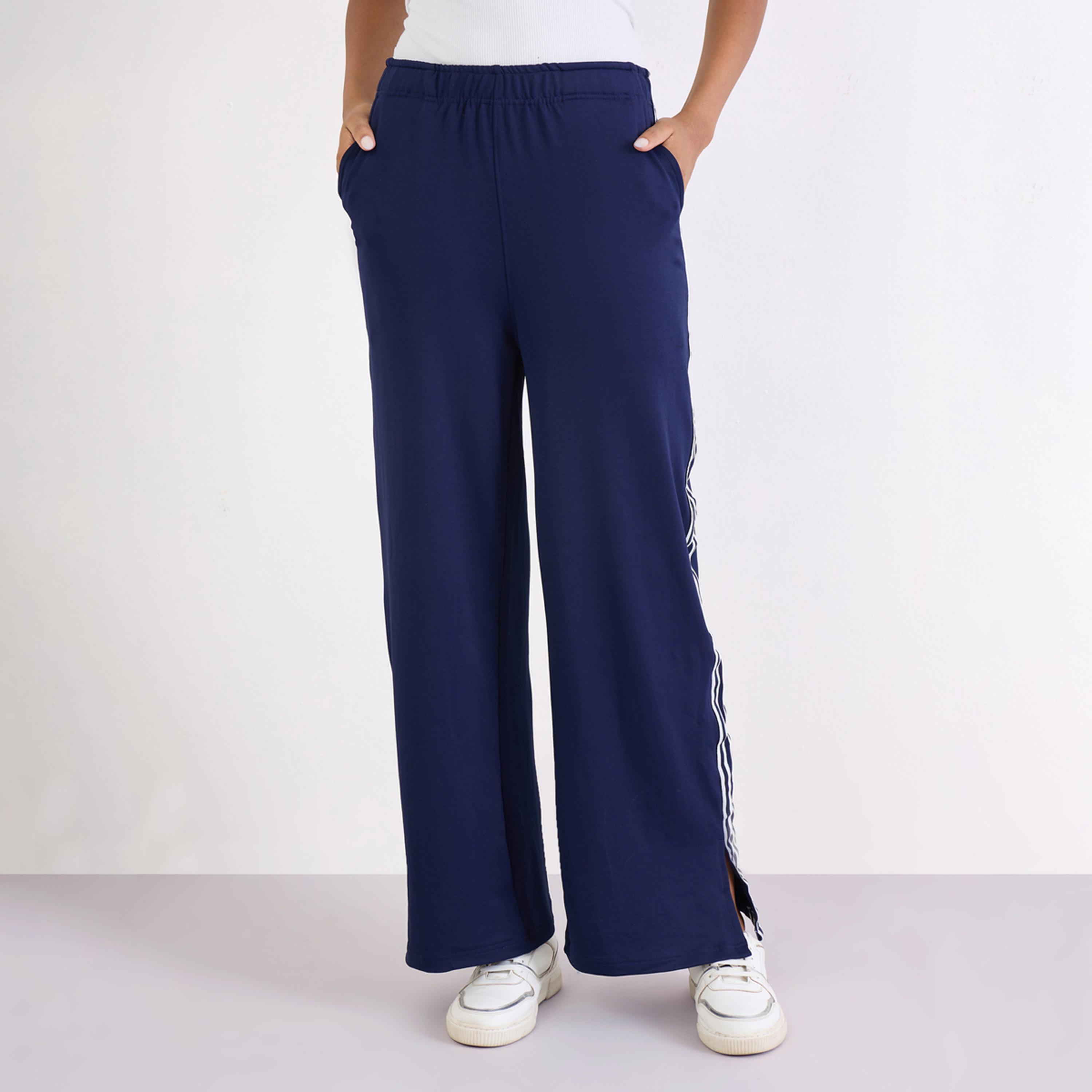 Styli Navy Wide Leg Joggers with Side Taping Detail-women-clothing-bottoms-joggers-image-1