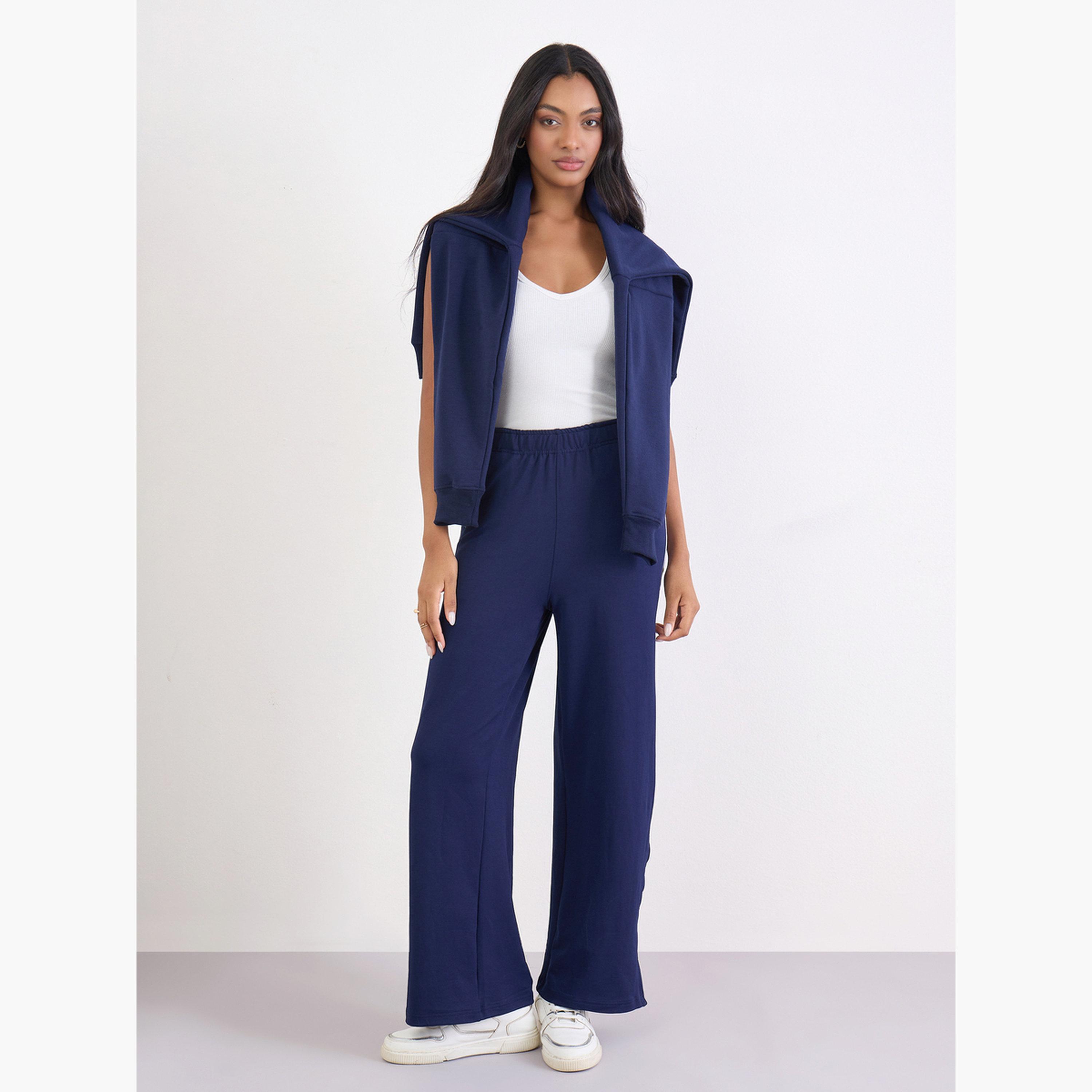 Styli Navy Wide Leg Joggers with Side Taping Detail-women-clothing-bottoms-joggers-image-2