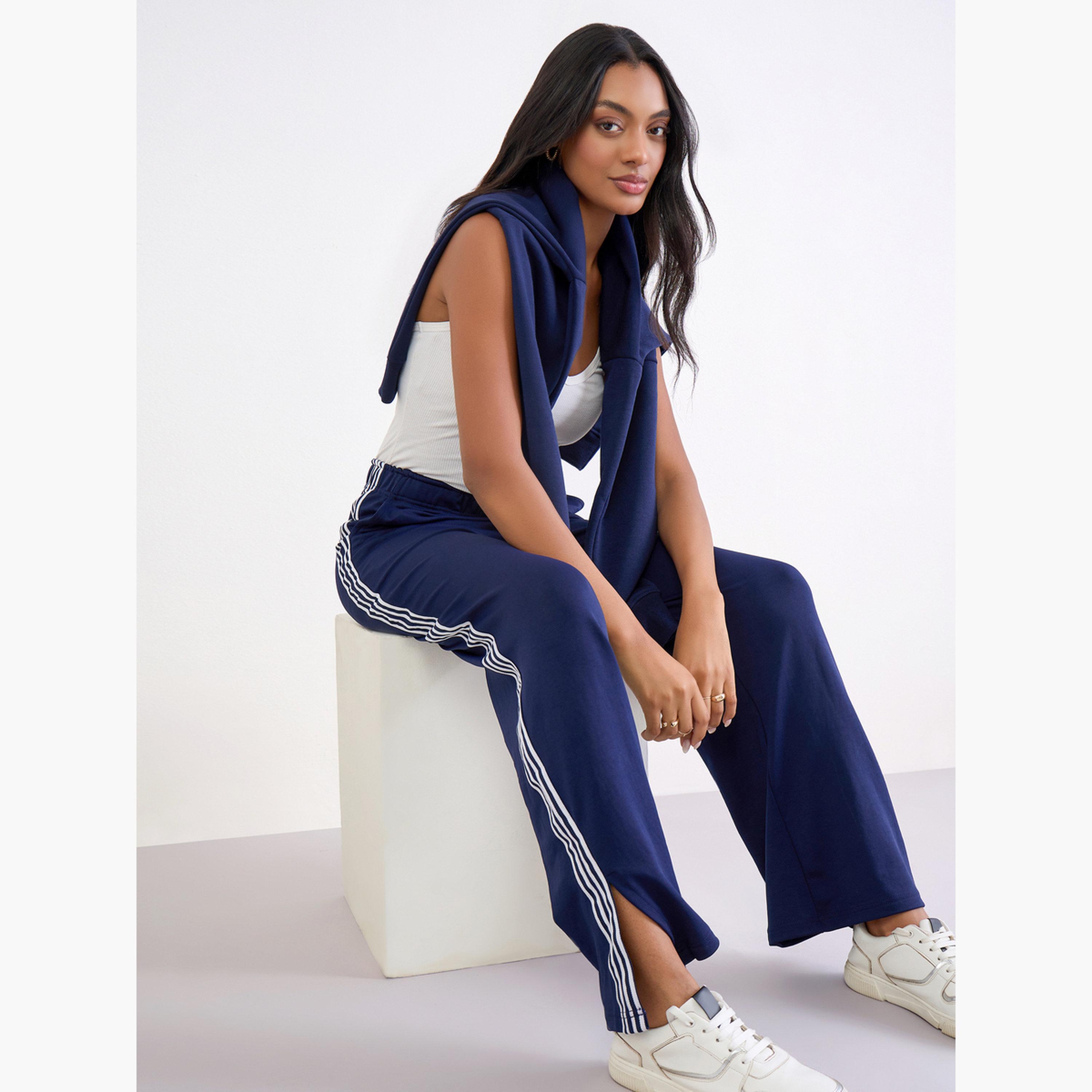 Styli Navy Wide Leg Joggers with Side Taping Detail-women-clothing-bottoms-joggers-image-3