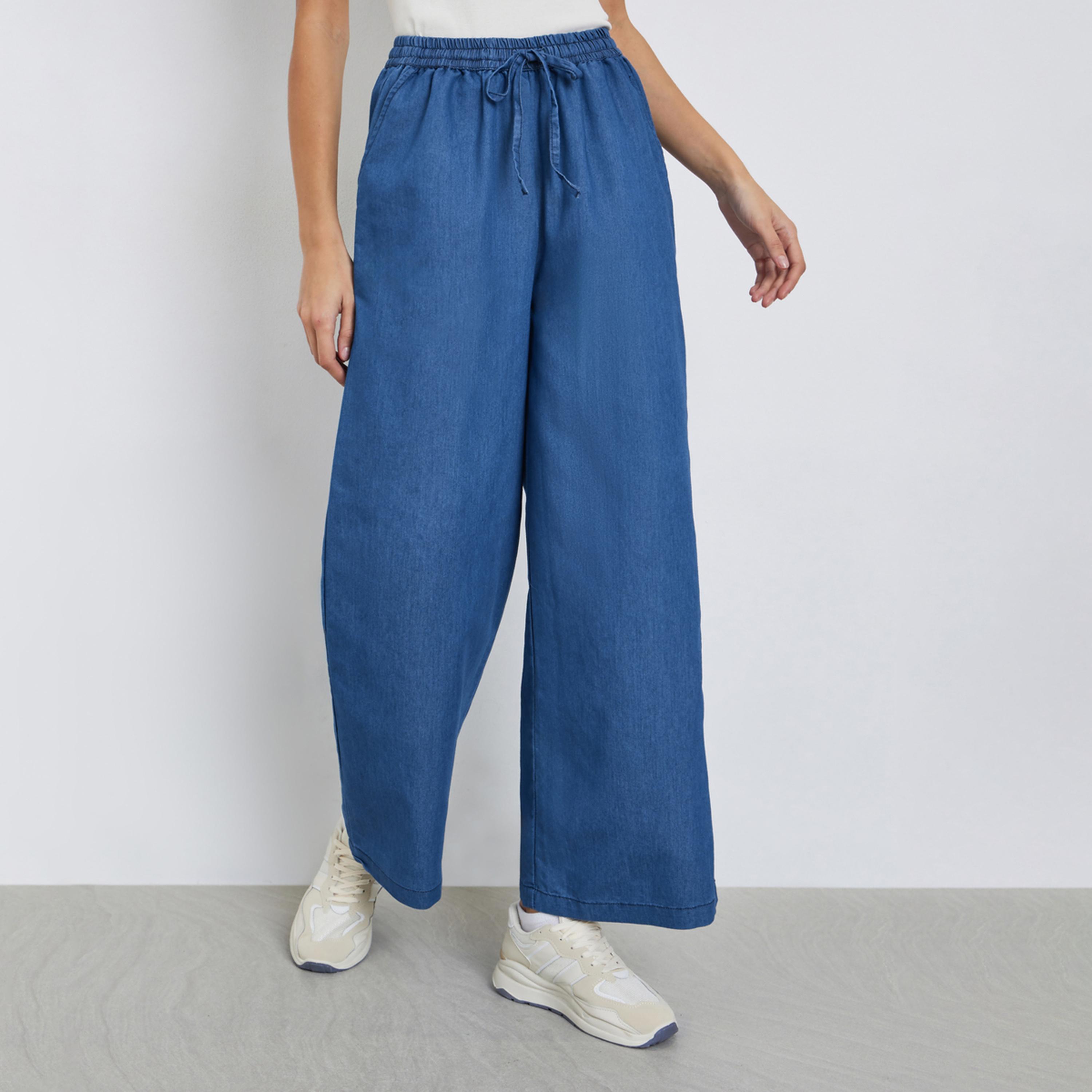 Styli Women Blue Denim Look Wide Leg Pants-women-clothing-bottoms-trousers-image-1