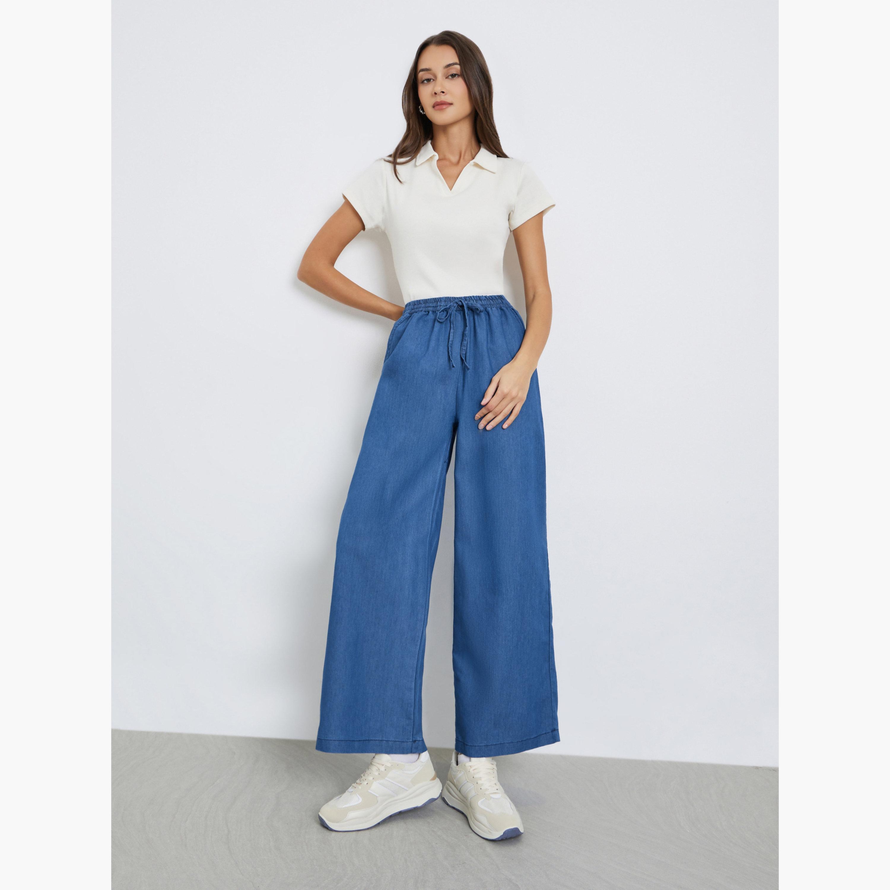 Styli Women Blue Denim Look Wide Leg Pants-women-clothing-bottoms-trousers-image-2