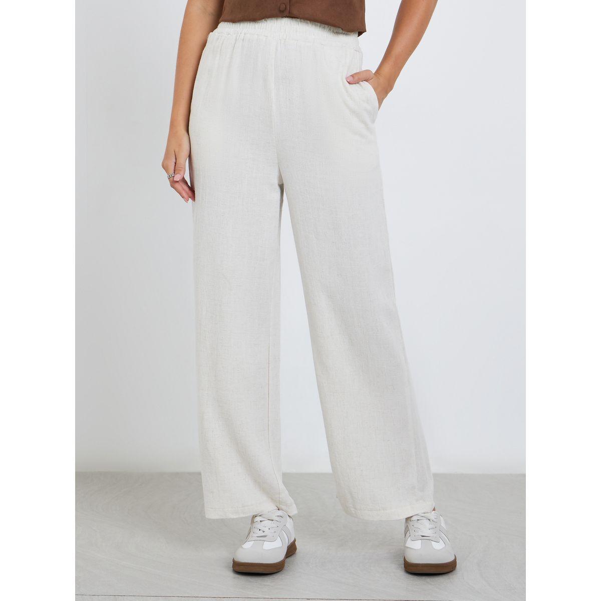 Styli White Linen Look Pants with Elastic Waist-women-clothing-bottoms-trousers-image-2