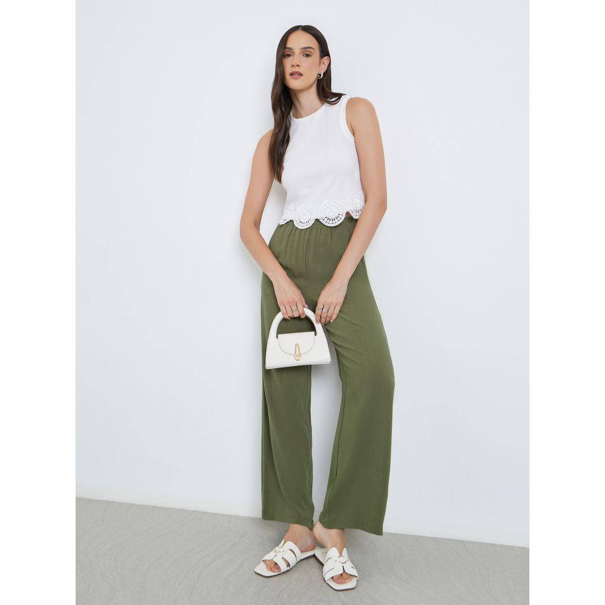 Styli Khaki Linen Look Pants with Elastic Waist-women-clothing-bottoms-trousers-image-1