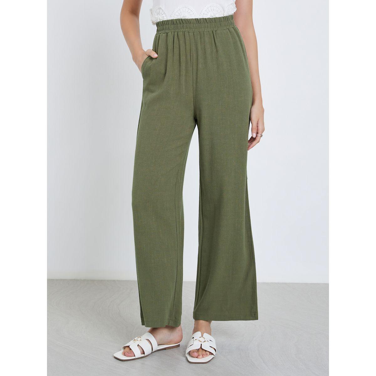 Styli Khaki Linen Look Pants with Elastic Waist-women-clothing-bottoms-trousers-image-2
