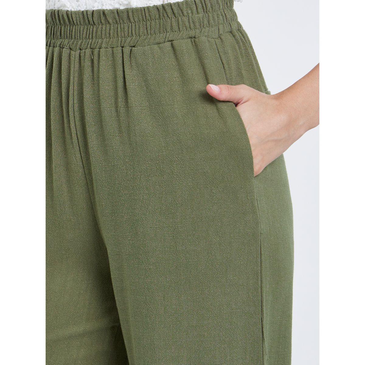 Styli Khaki Linen Look Pants with Elastic Waist-women-clothing-bottoms-trousers-image-3