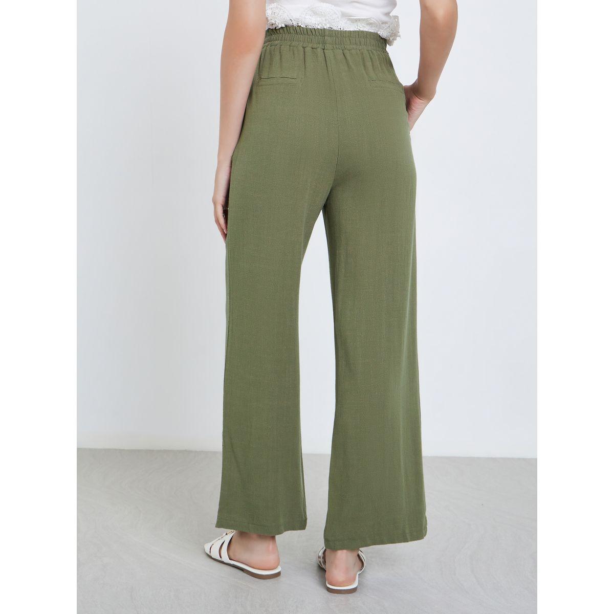 Styli Khaki Linen Look Pants with Elastic Waist-women-clothing-bottoms-trousers-image-4