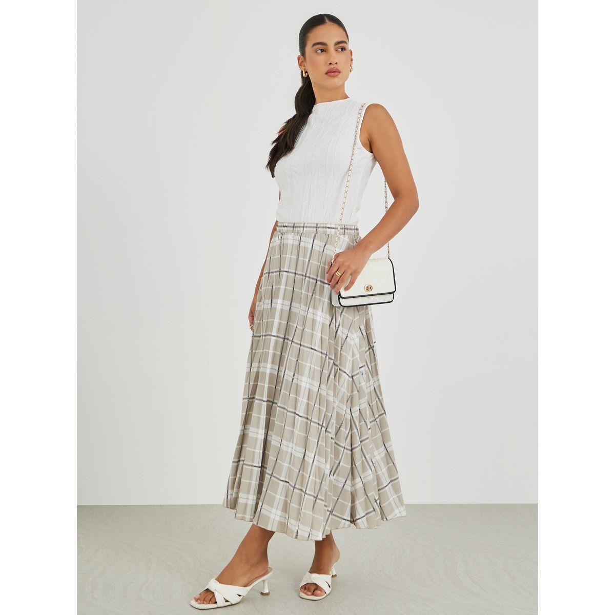 Styli Checked Print Pleated A-Line Midi Skirt-women-clothing-bottoms-skirts-image-1