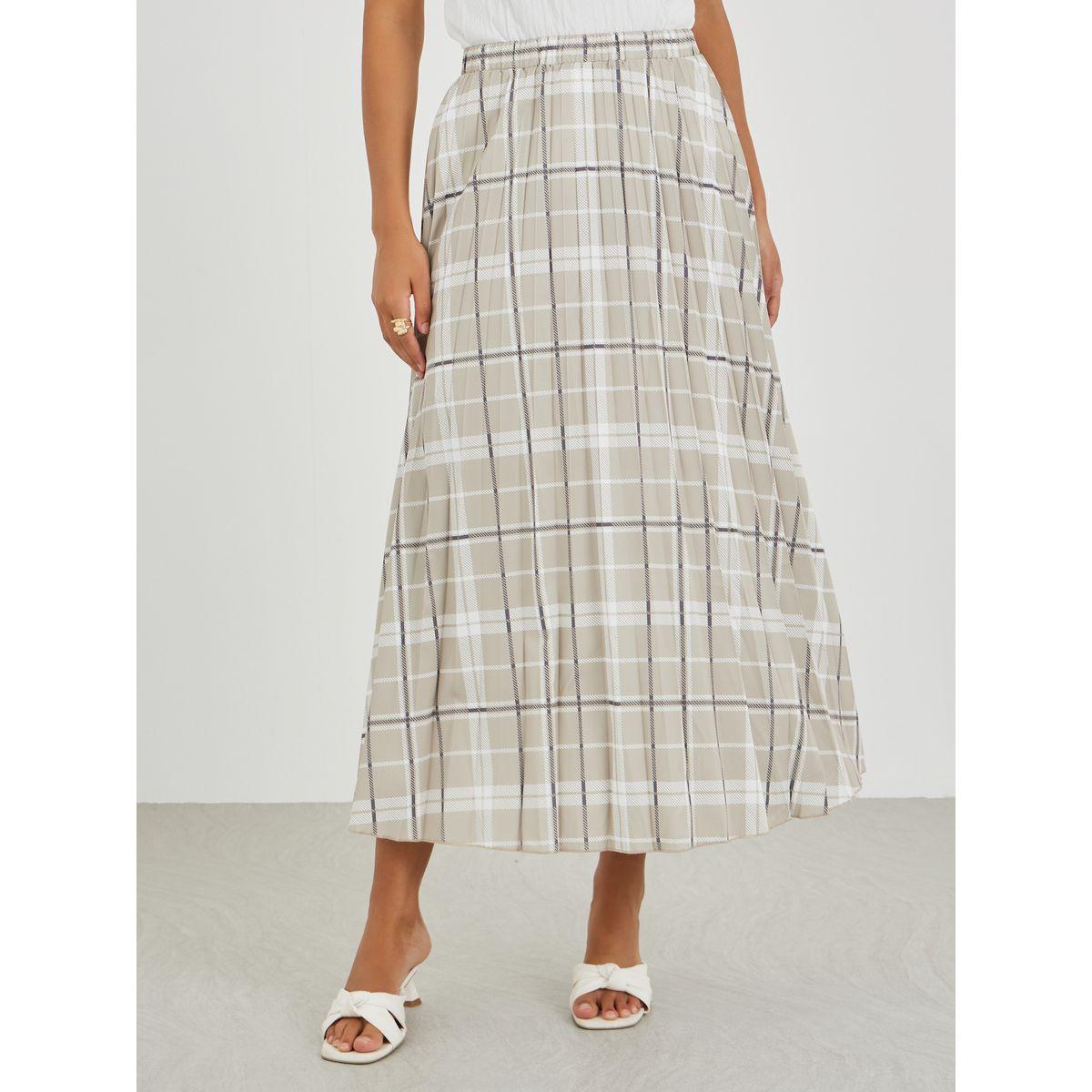 Styli Checked Print Pleated A-Line Midi Skirt-women-clothing-bottoms-skirts-image-2