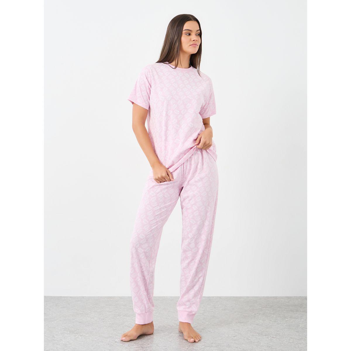 Styli Leaf Print Dropped Shoulder Cotton T-Shirt and Pyjama Set-women-clothing-nightwear-pyjamas-longsets-image-1