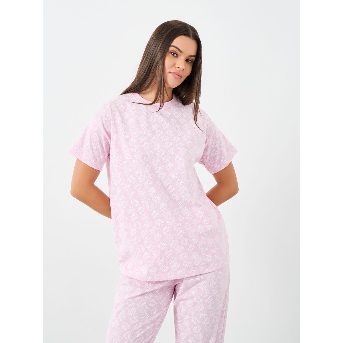 Styli Leaf Print Dropped Shoulder Cotton T-Shirt and Pyjama Set-women-clothing-nightwear-pyjamas-longsets-image-2