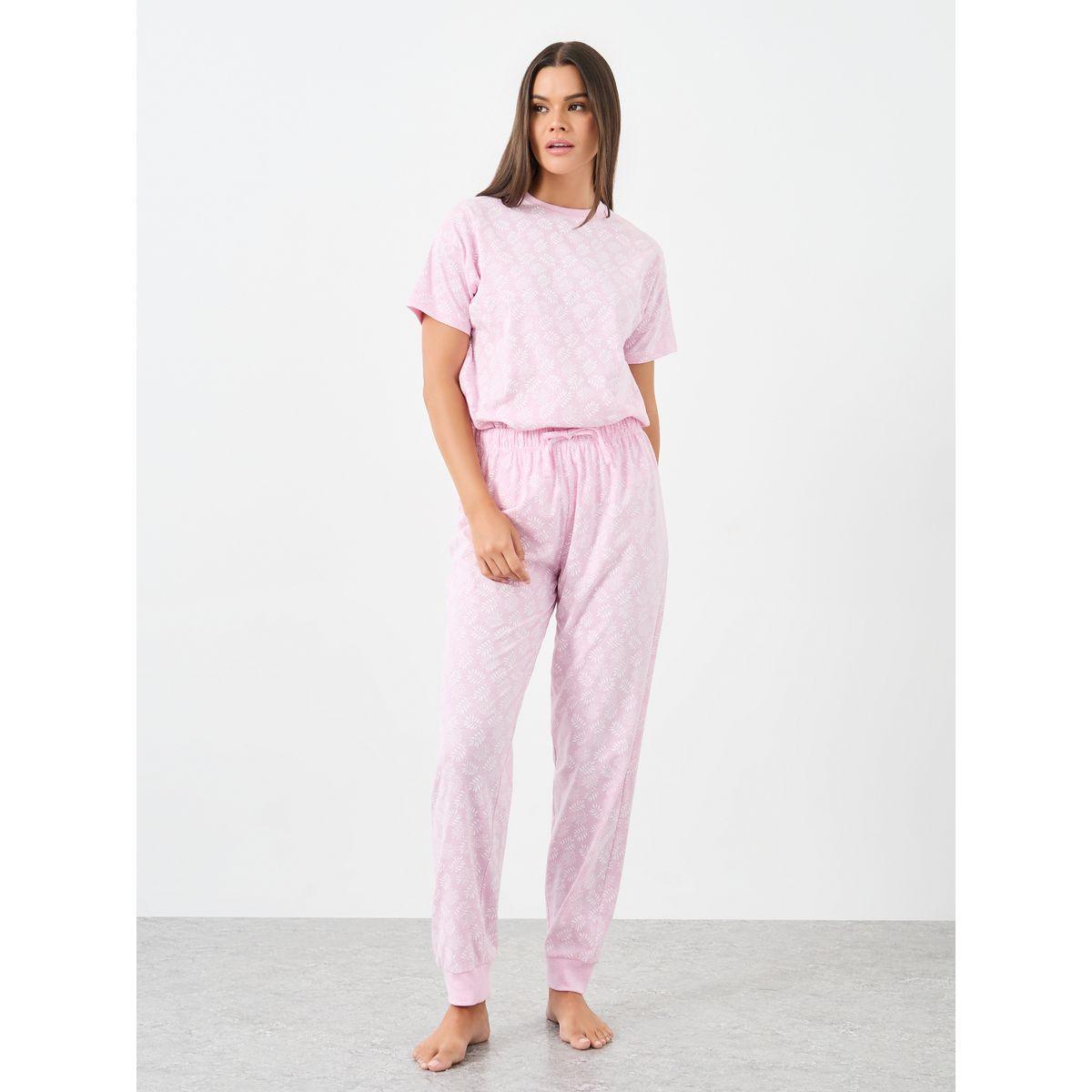 Styli Leaf Print Dropped Shoulder Cotton T-Shirt and Pyjama Set-women-clothing-nightwear-pyjamas-longsets-image-3