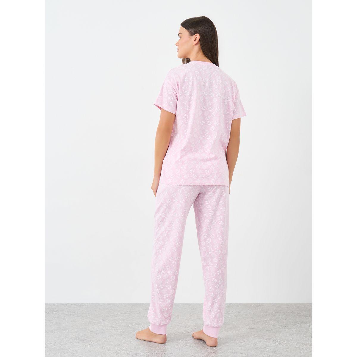 Styli Leaf Print Dropped Shoulder Cotton T-Shirt and Pyjama Set-women-clothing-nightwear-pyjamas-longsets-image-5