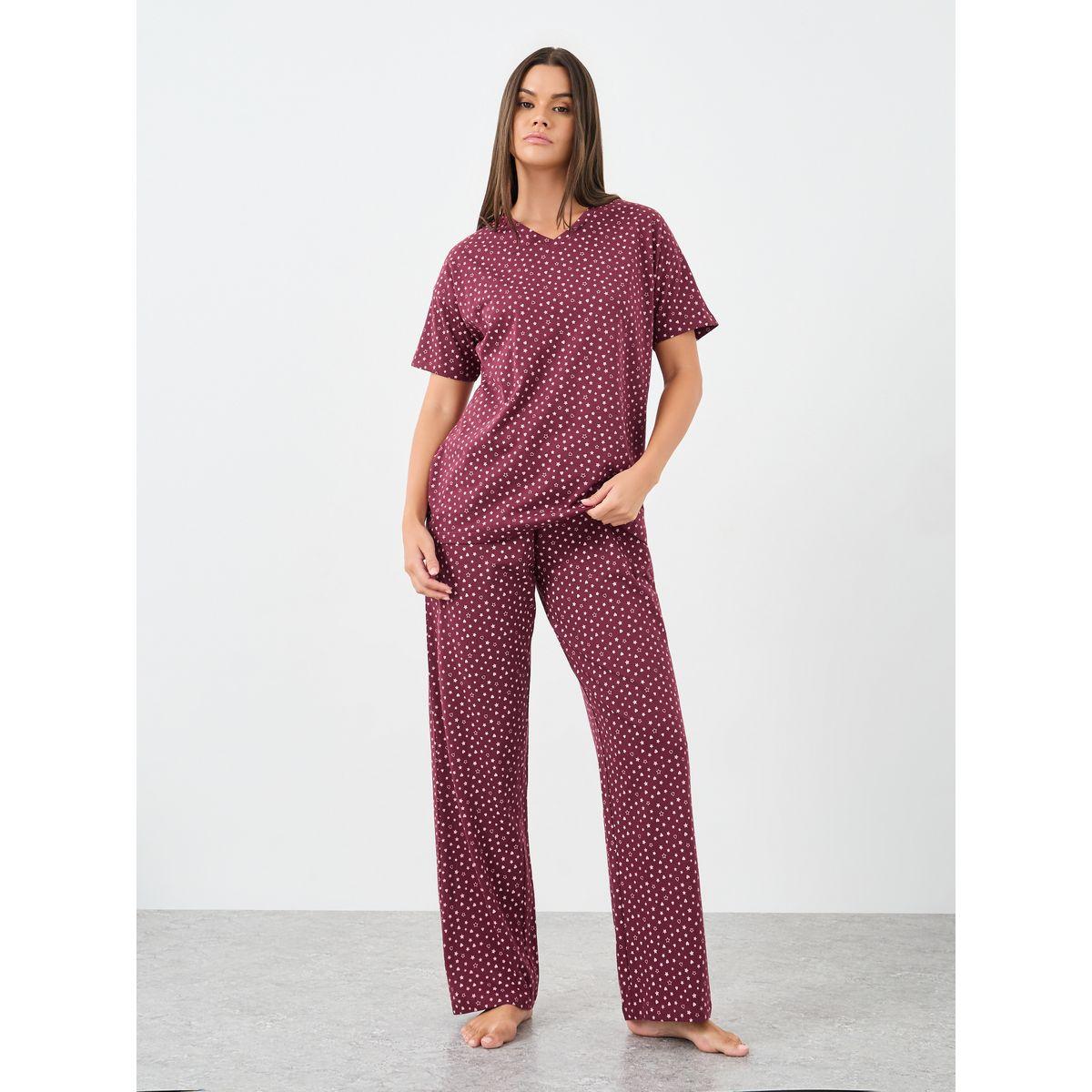 Styli Cotton Star Heart V Neck T-Shirt and Pyjama Set-women-clothing-nightwear-pyjamas-longsets-image-1
