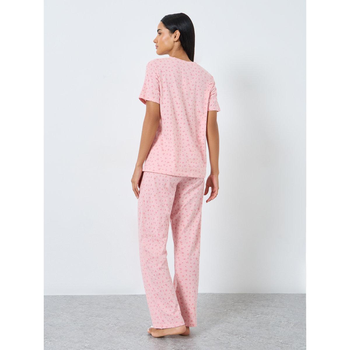 Styli Cotton Bow Star Print V Neck T-Shirt and Pyjama Set-women-clothing-nightwear-pyjamas-longsets-image-6