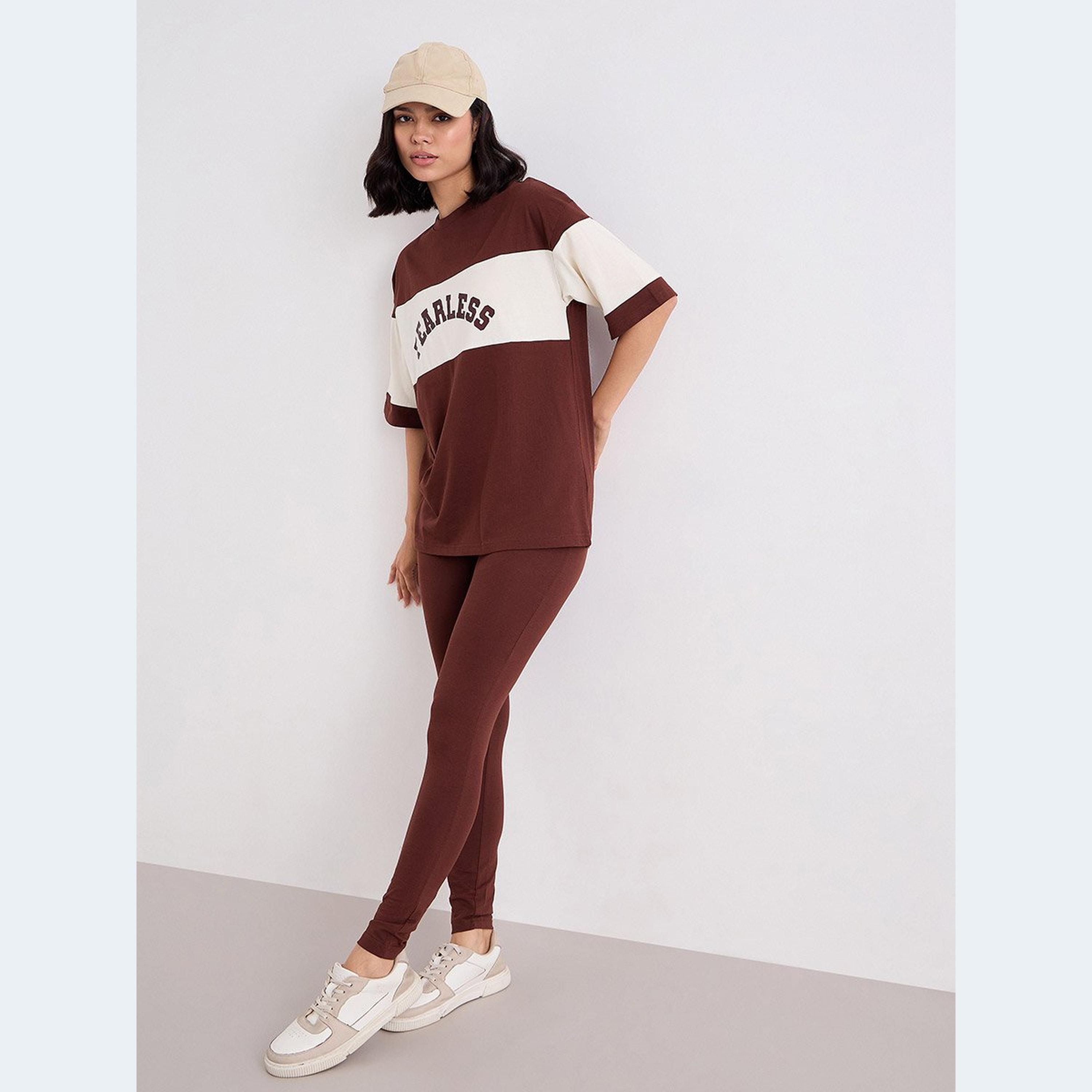 Styli Women Brown Color Block Oversized T-Shirt and Leggings Set-women-clothing-coordsets-image-1