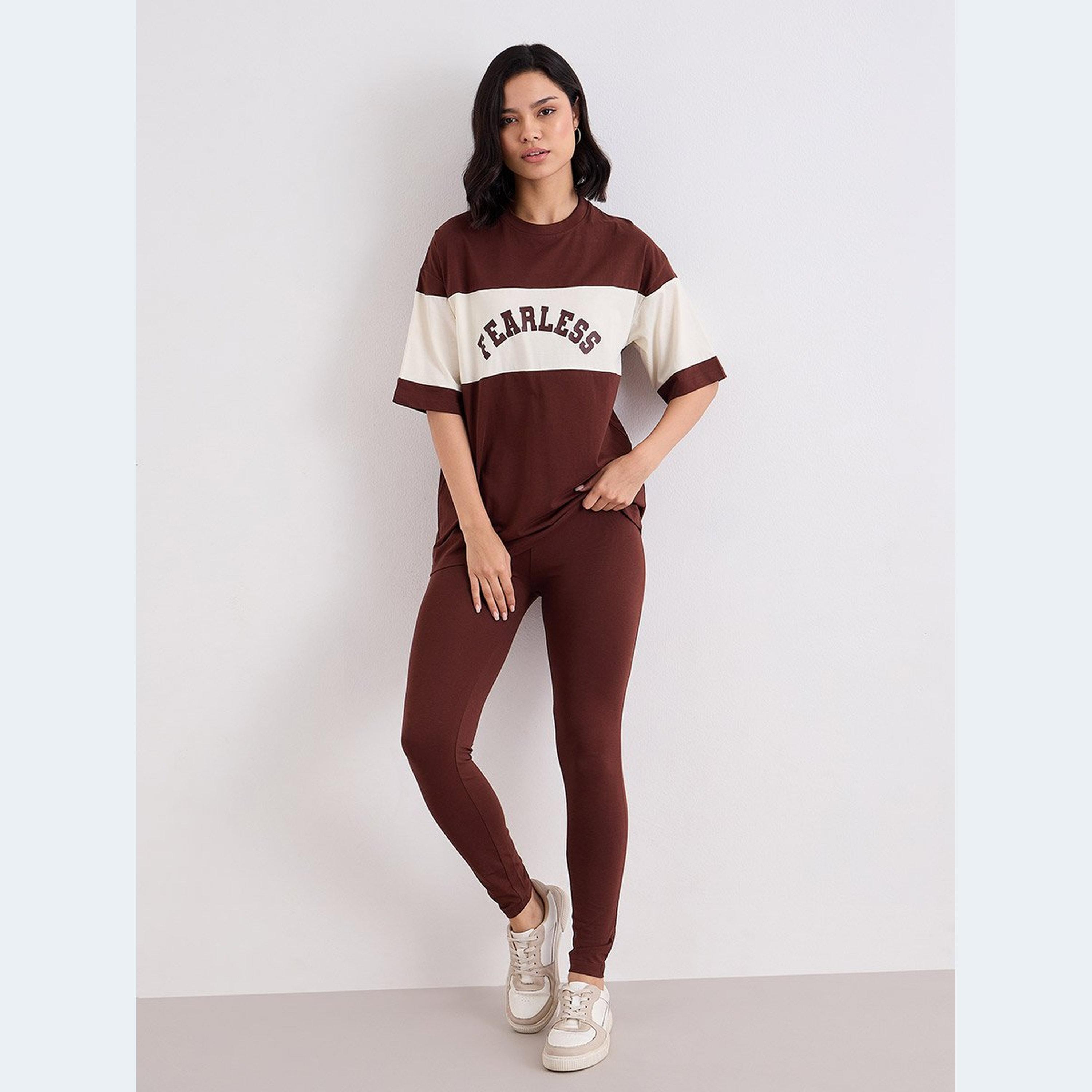 Styli Women Brown Color Block Oversized T-Shirt and Leggings Set-women-clothing-coordsets-image-2