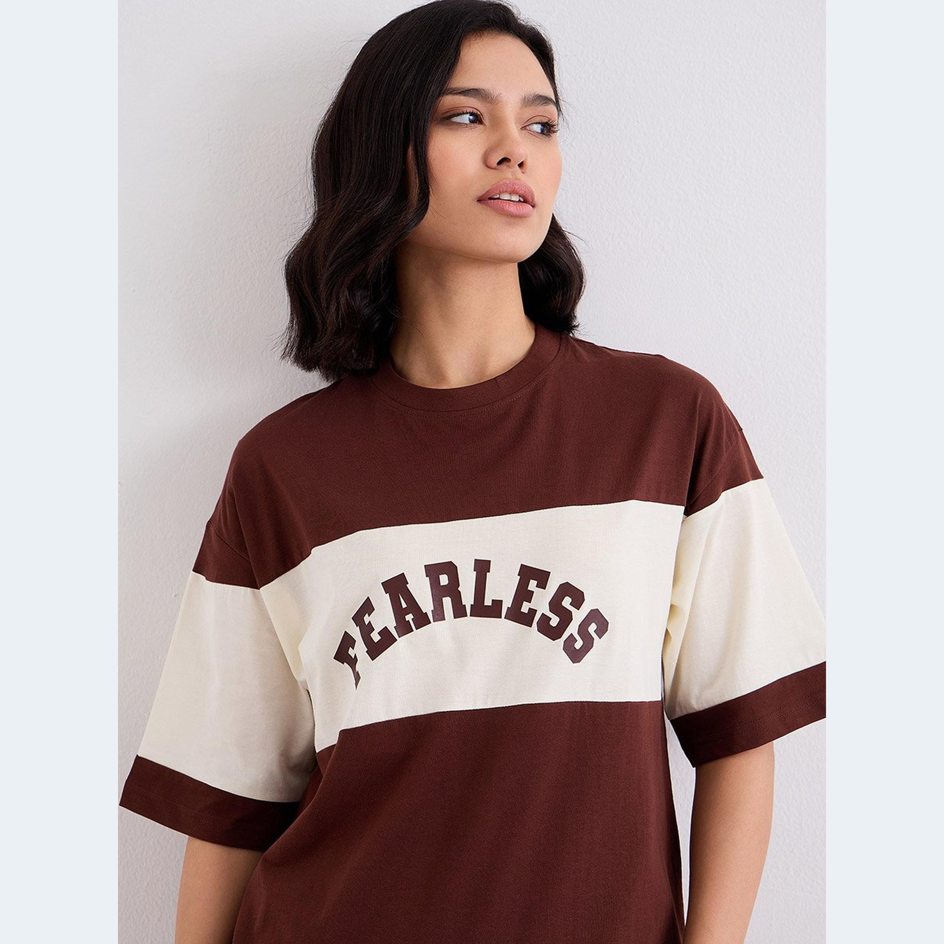 Styli Women Brown Color Block Oversized T-Shirt and Leggings Set-women-clothing-coordsets-image-3