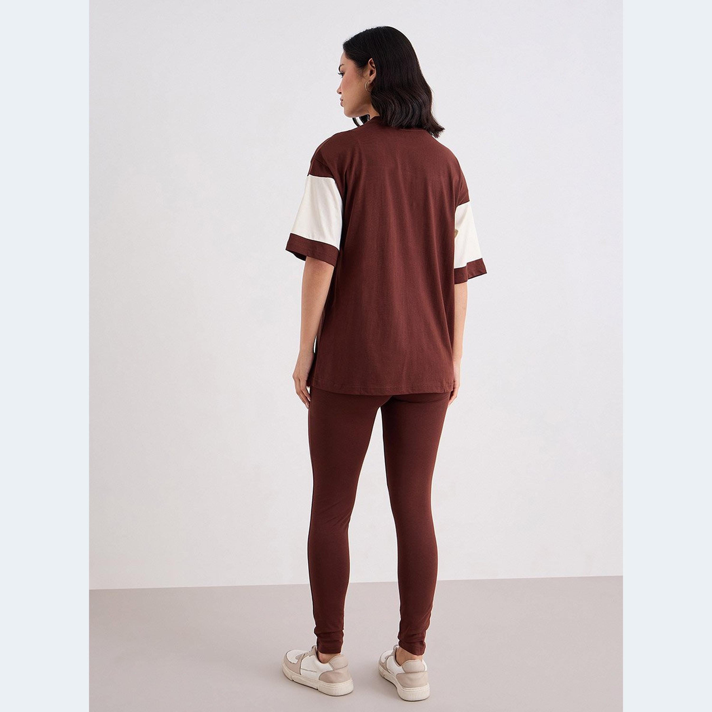 Styli Women Brown Color Block Oversized T-Shirt and Leggings Set-women-clothing-coordsets-image-4