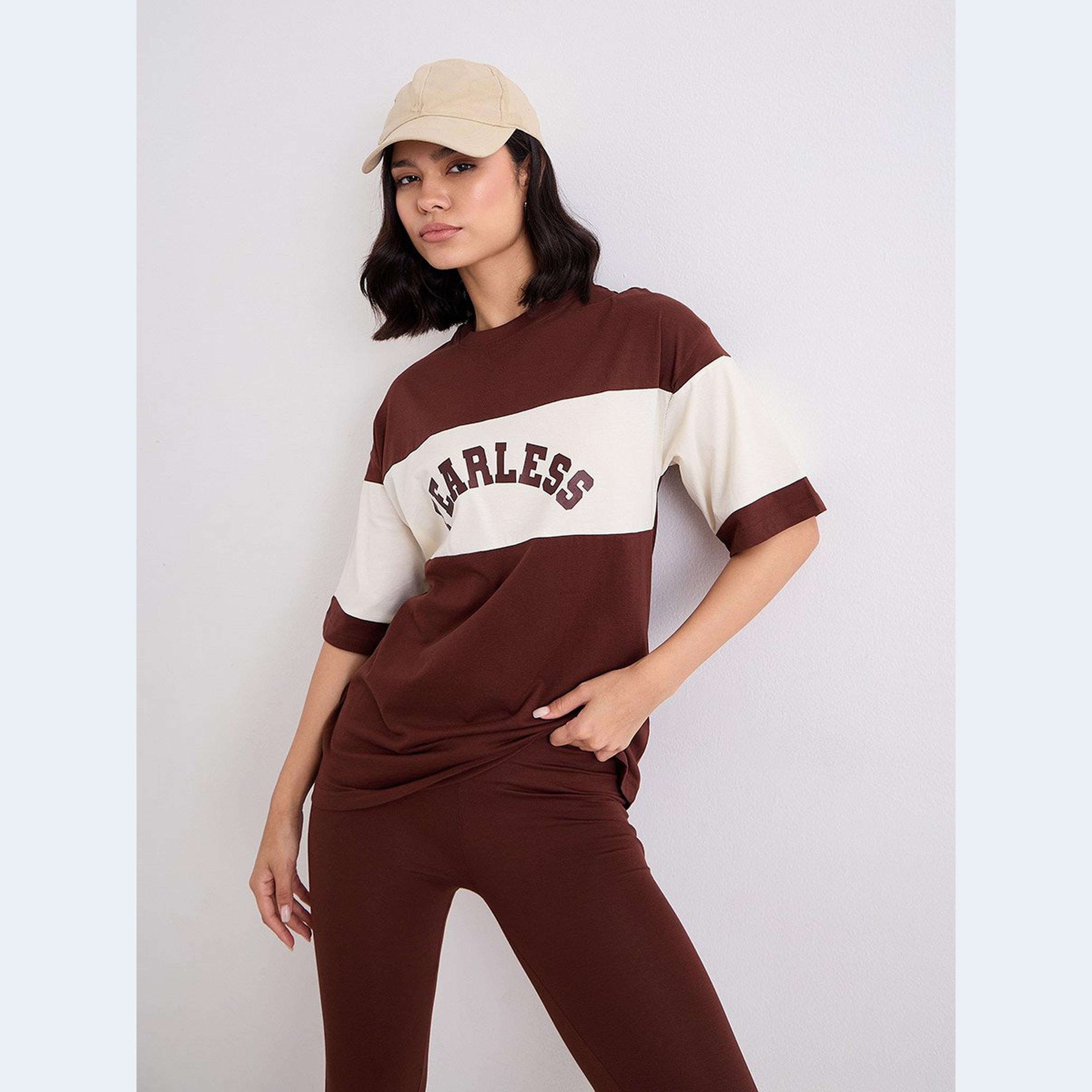 Styli Women Brown Color Block Oversized T-Shirt and Leggings Set-women-clothing-coordsets-image-5