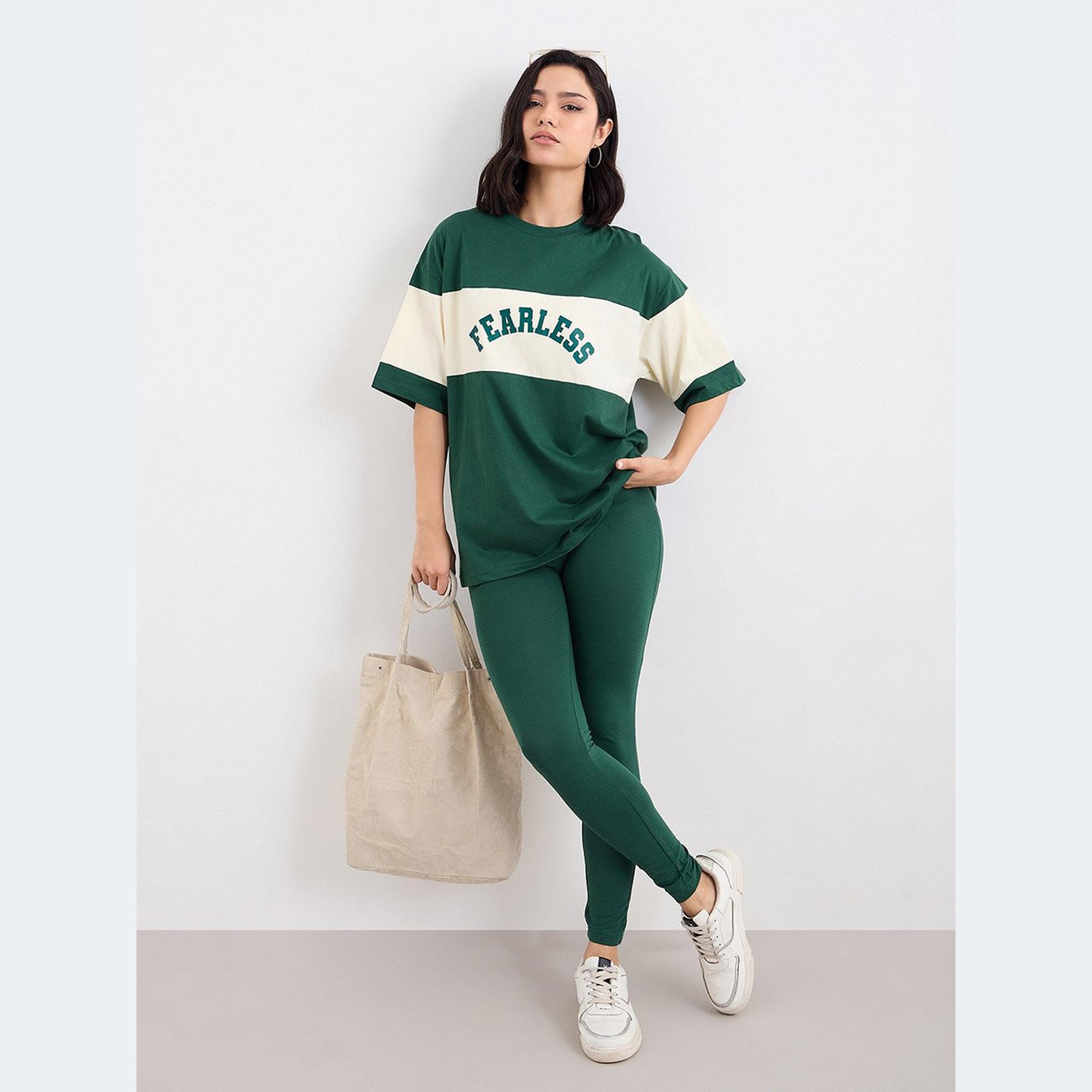 Styli Women Dark Green Color Block Oversized T-Shirt and Leggings Set-women-clothing-coordsets-image-1