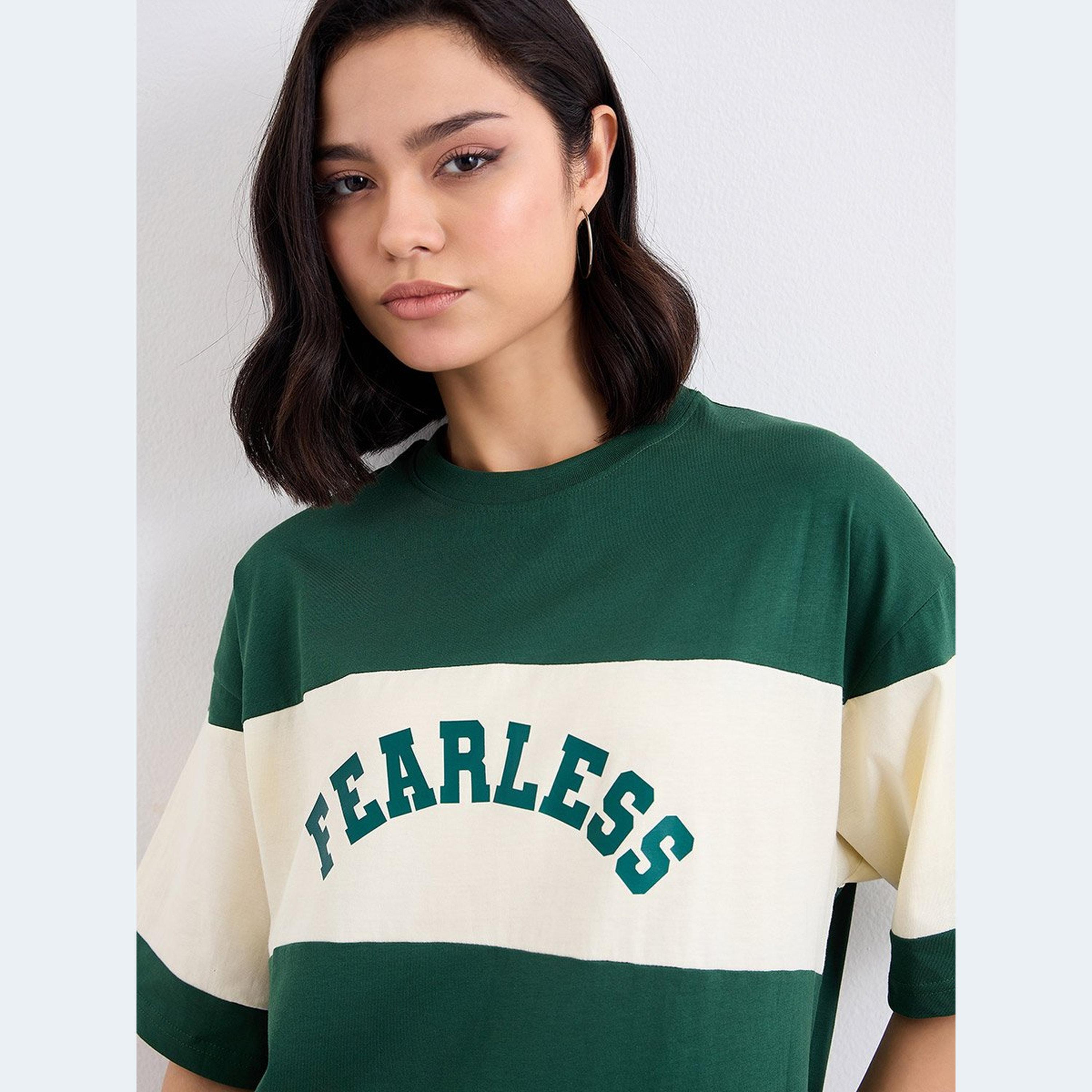Styli Women Dark Green Color Block Oversized T-Shirt and Leggings Set-women-clothing-coordsets-image-3