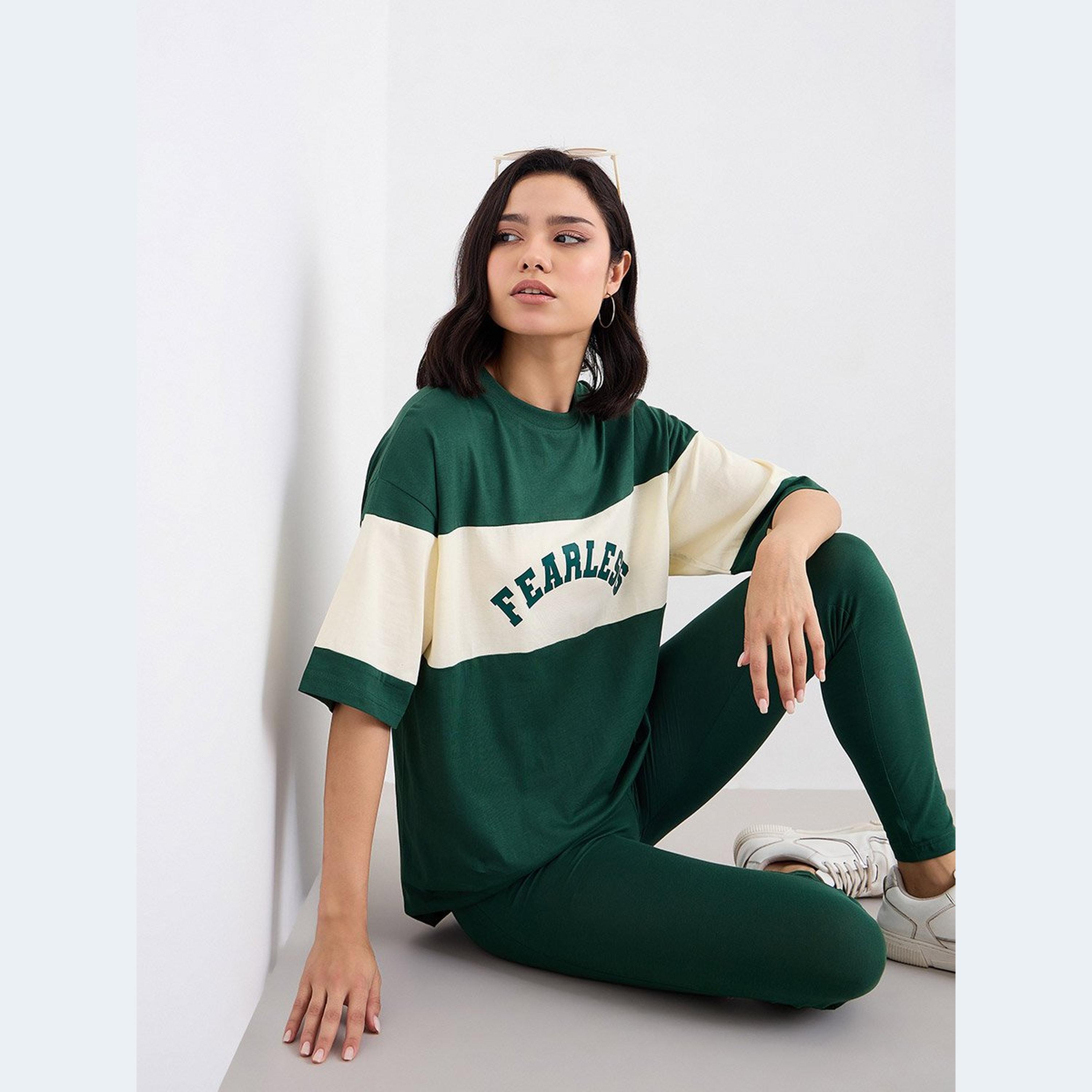 Styli Women Dark Green Color Block Oversized T-Shirt and Leggings Set-women-clothing-coordsets-image-5