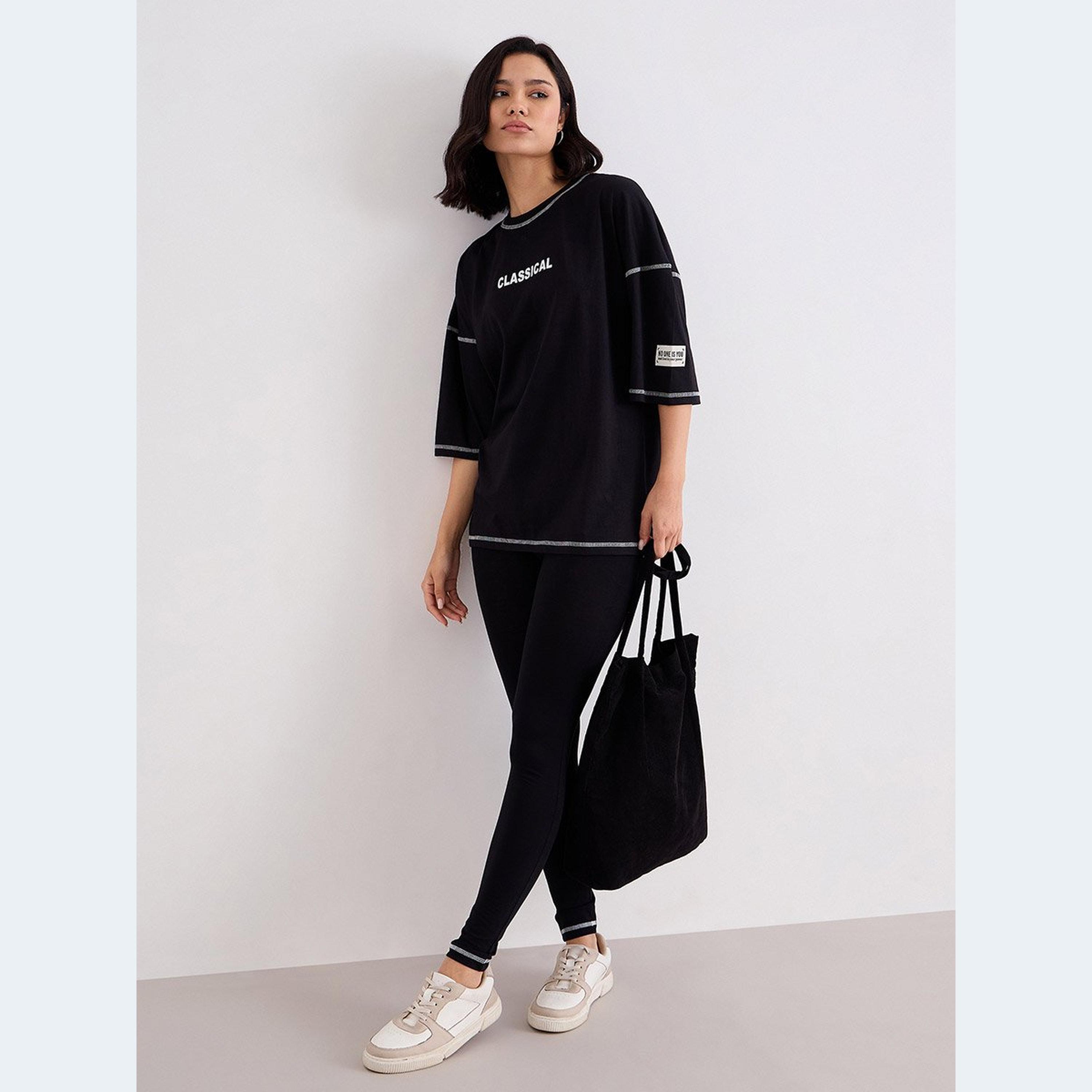 Styli Women Black Overlock Seam Oversized T-Shirt and Leggings Co-Ords-women-clothing-coordsets-image-1