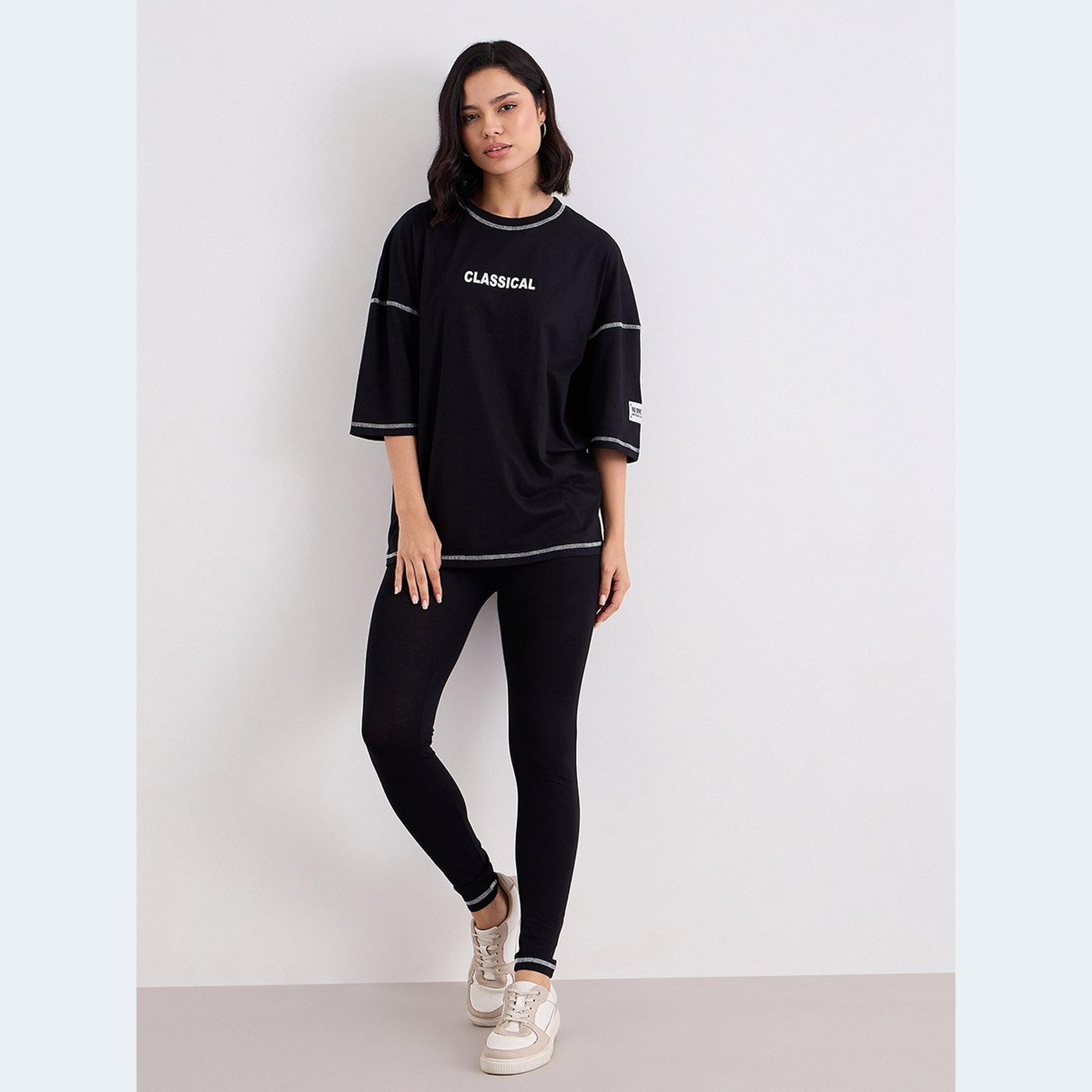 ستايلي - تي شيرت وبنطال ضيق بحياكة أوفرلوك مقاس كبير للنساء أسود-women-clothing-coordsets-image-2