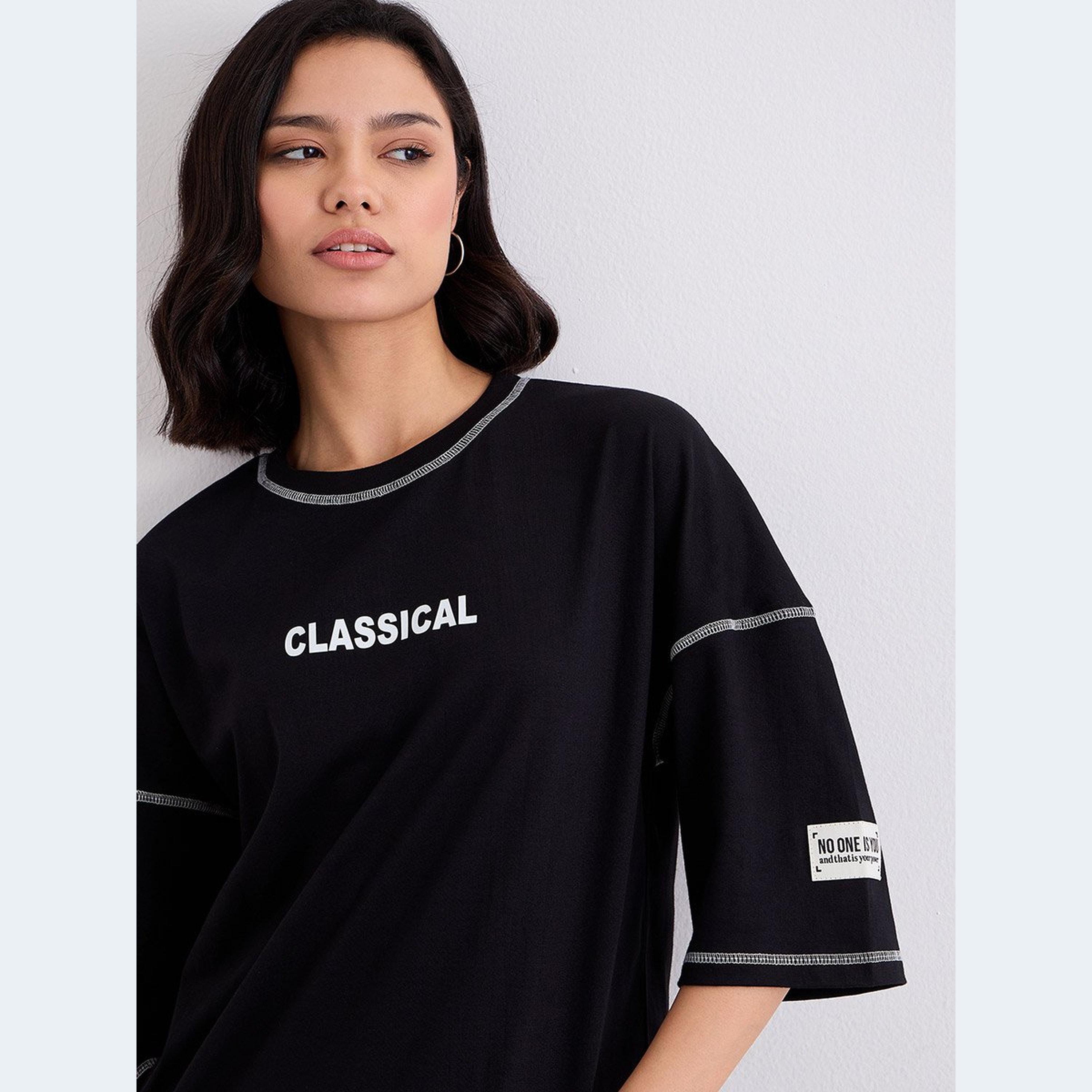 ستايلي - تي شيرت وبنطال ضيق بحياكة أوفرلوك مقاس كبير للنساء أسود-women-clothing-coordsets-image-3