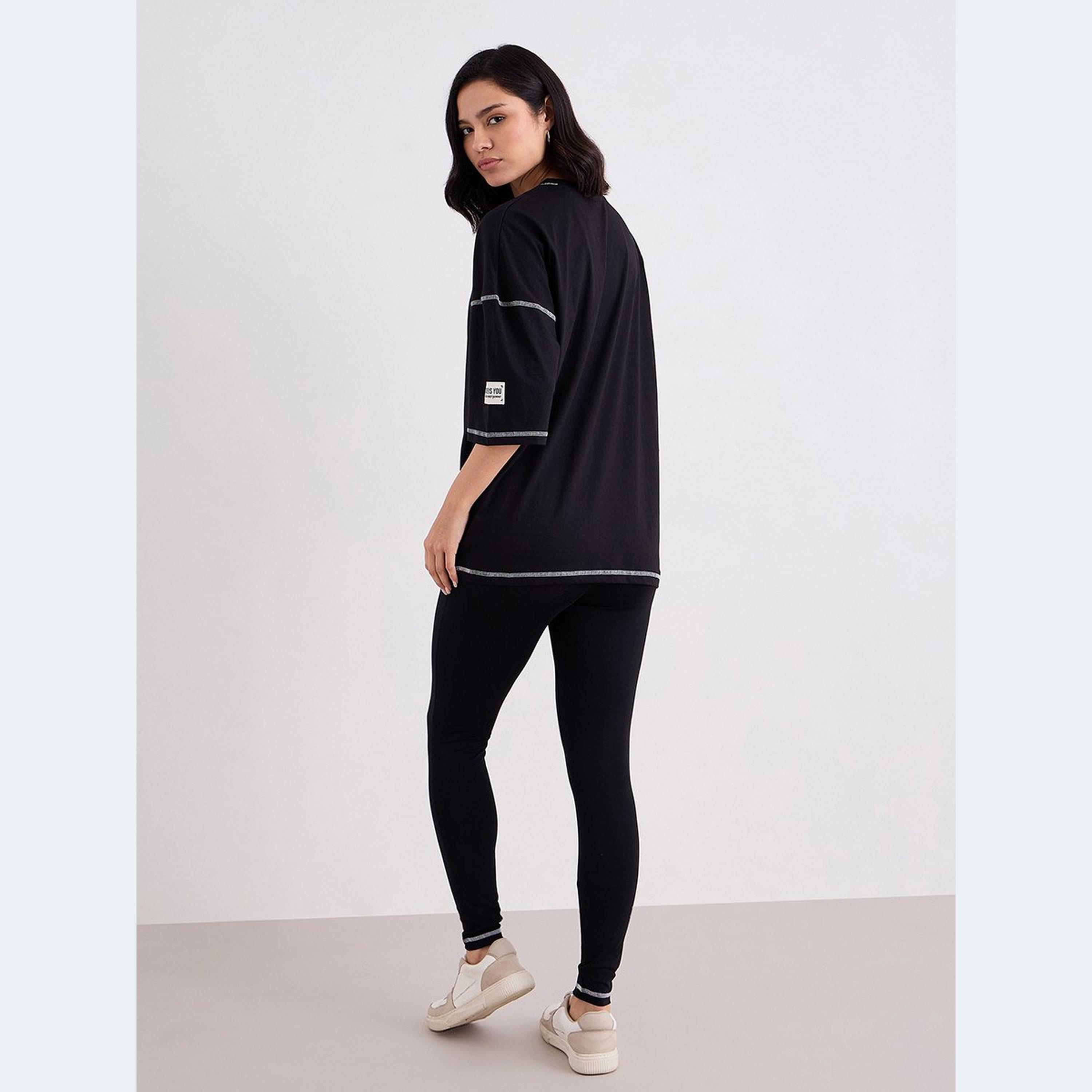 Styli Women Black Overlock Seam Oversized T-Shirt and Leggings Co-Ords-women-clothing-coordsets-image-4