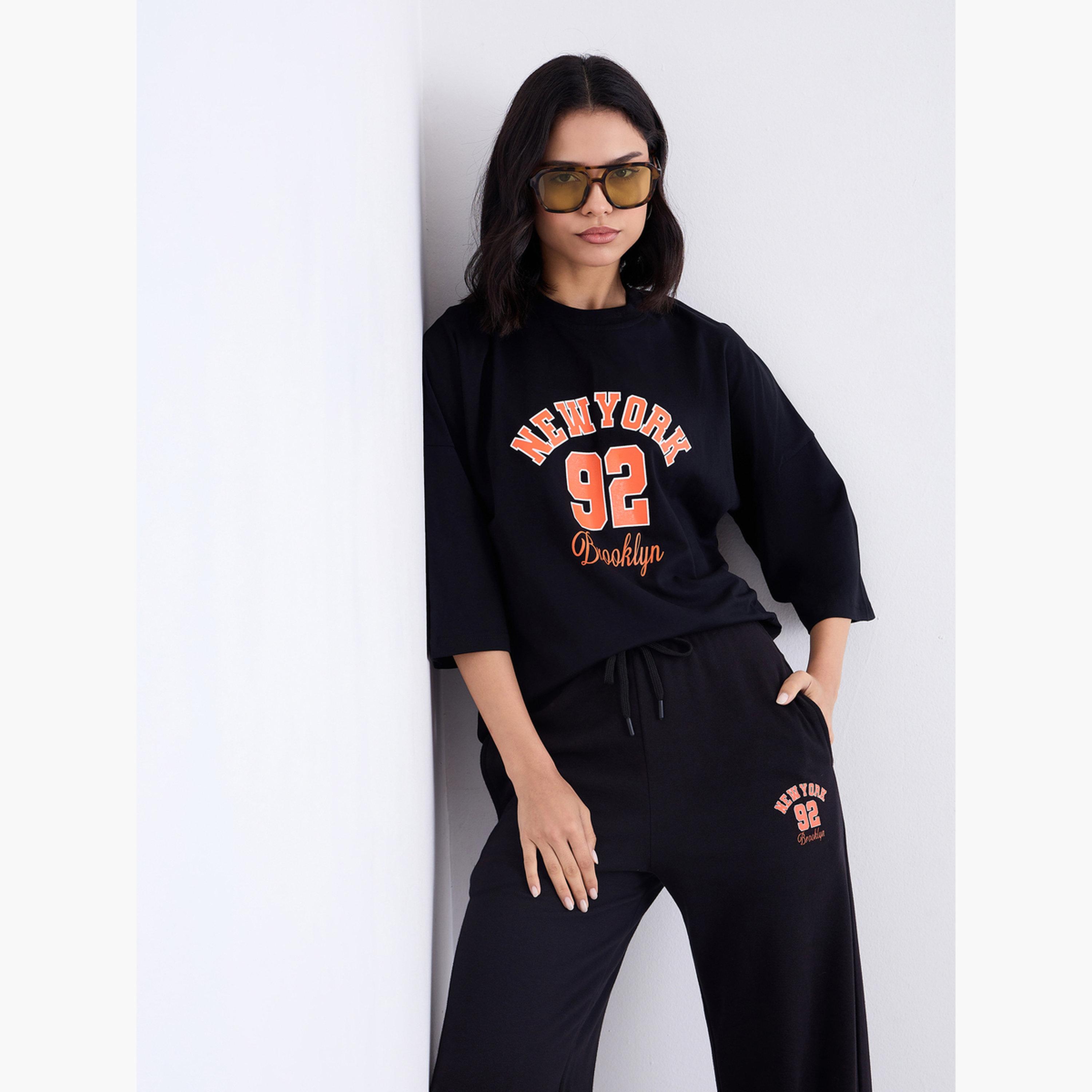 Styli Black Oversized Graphic T-Shirt and Joggers Co-Ords-women-clothing-coordsets-image-3