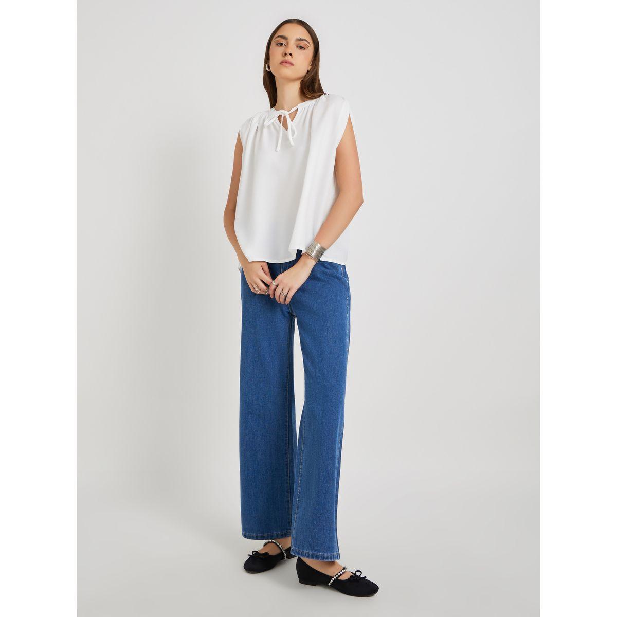 بلوزة سادة بلا أكمام مع ياقة بأربطة-women-clothing-shirtsandblouses-blouses-image-2