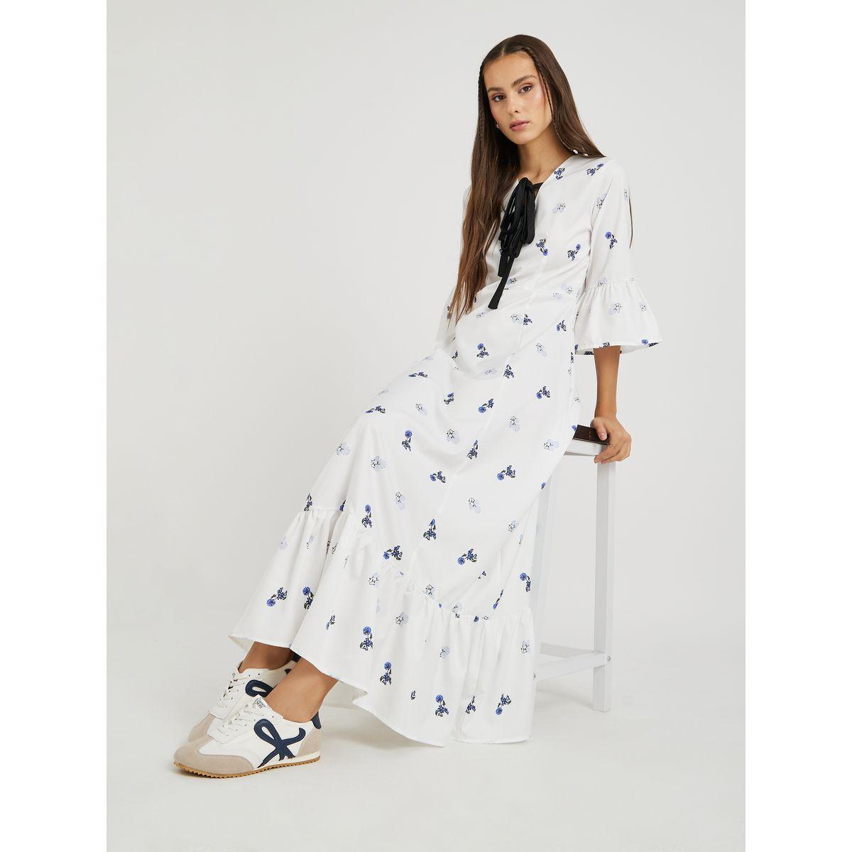 Styli Floral Print Ruffled Hem Maxi Dress with Tie-Up Detail-women-clothing-dresses-image-1