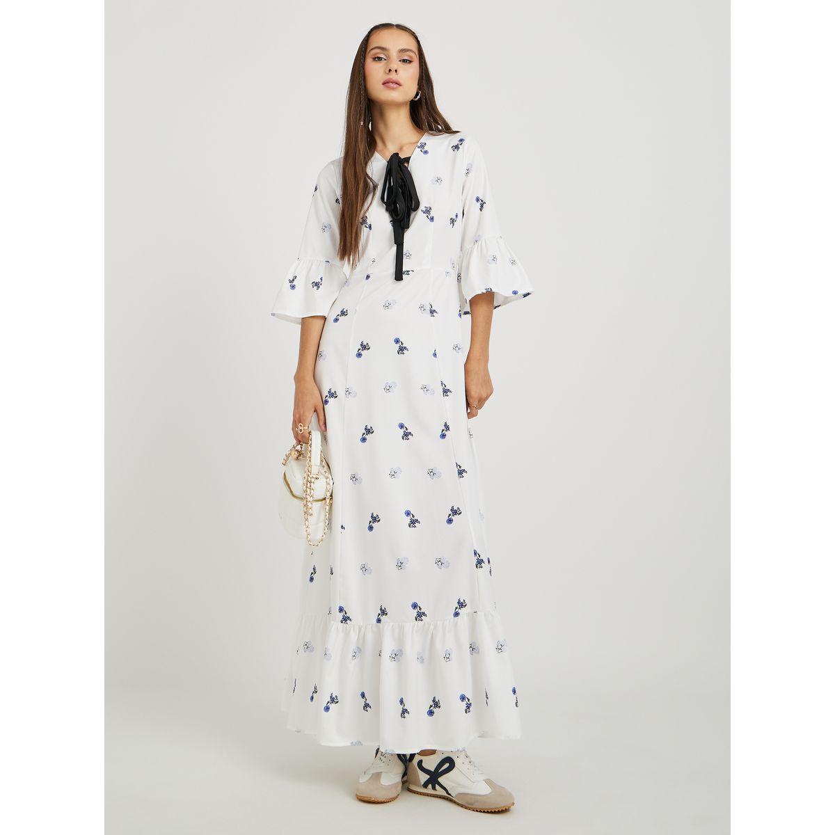 Styli Floral Print Ruffled Hem Maxi Dress with Tie-Up Detail-women-clothing-dresses-image-2