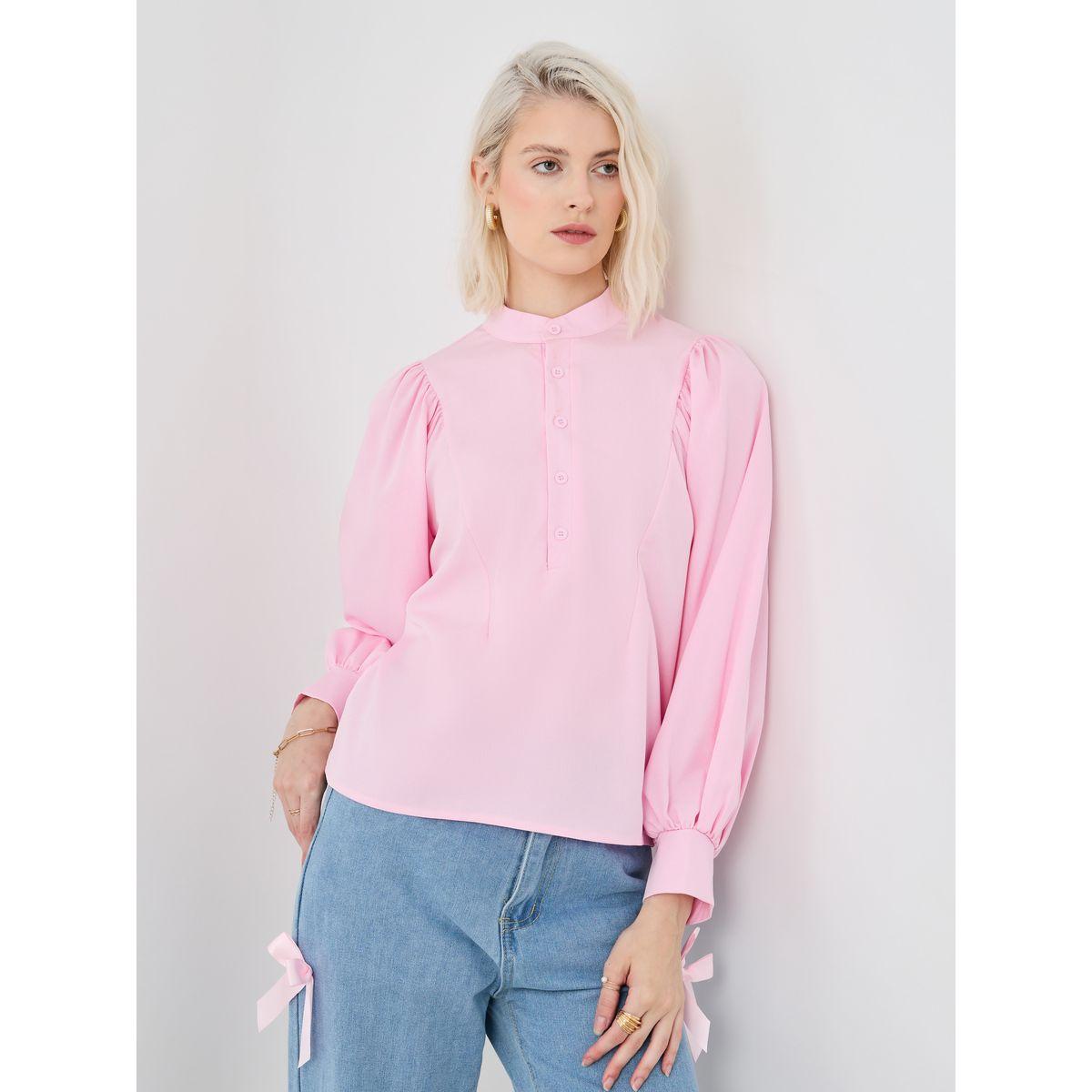 بلوزة سادة بأكمام بالون مع أزرار-women-clothing-shirtsandblouses-blouses-image-5