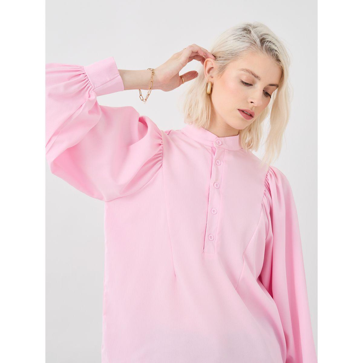 بلوزة سادة بأكمام بالون مع أزرار-women-clothing-shirtsandblouses-blouses-image-2